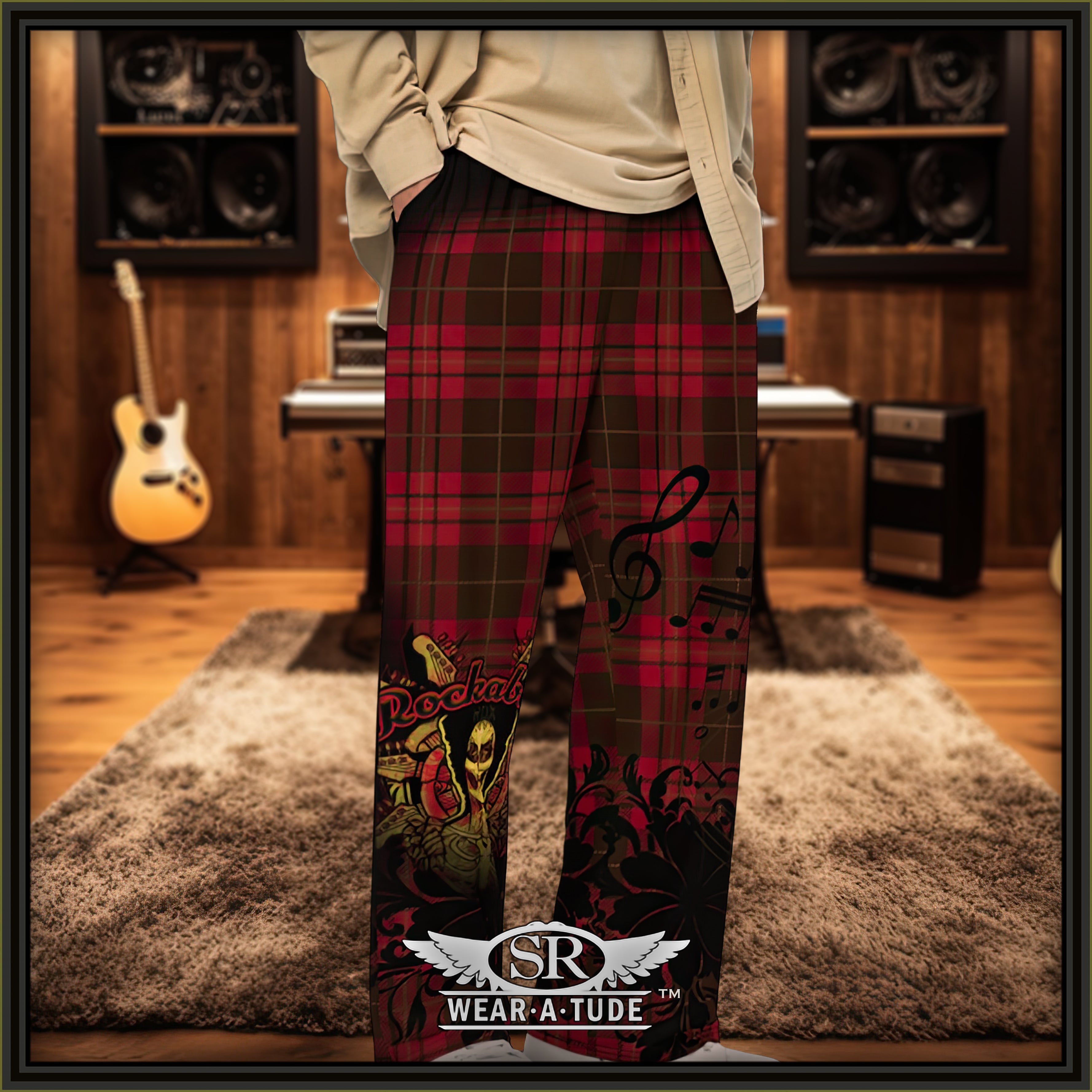 Rockabilly Chill, our wide leg Lounge Pants – a unisex garment that seamlessly merges comfort with the spirit of Rockabilly style. The red and black plaid pattern is a true throwback of comfort and the Rockabilly Joe decal shows off your style.