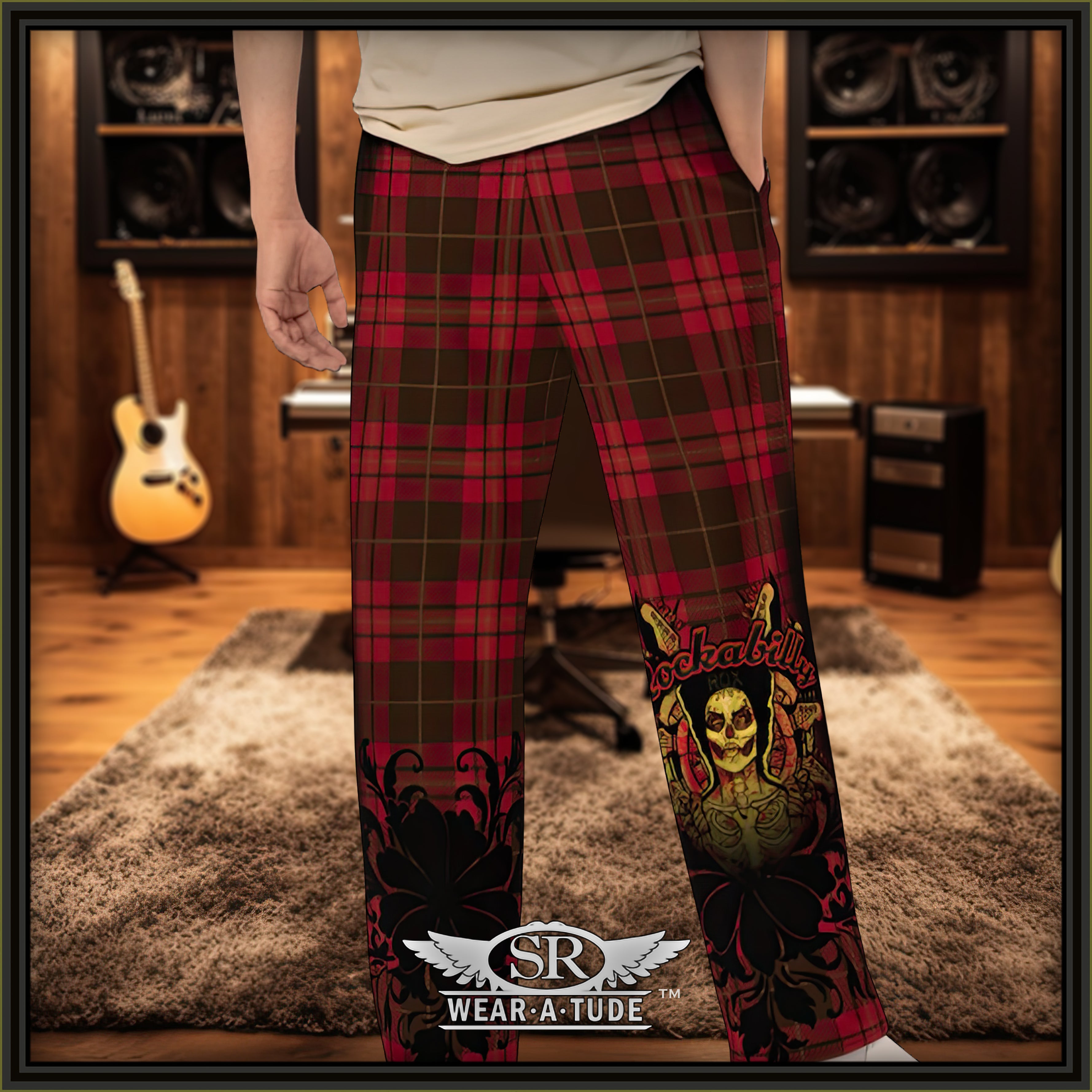 Rockabilly Chill, our wide leg Lounge Pants – a unisex garment that seamlessly merges comfort with the spirit of Rockabilly style. The red and black plaid pattern is a true throwback of comfort and the Rockabilly Joe decal shows off your style.