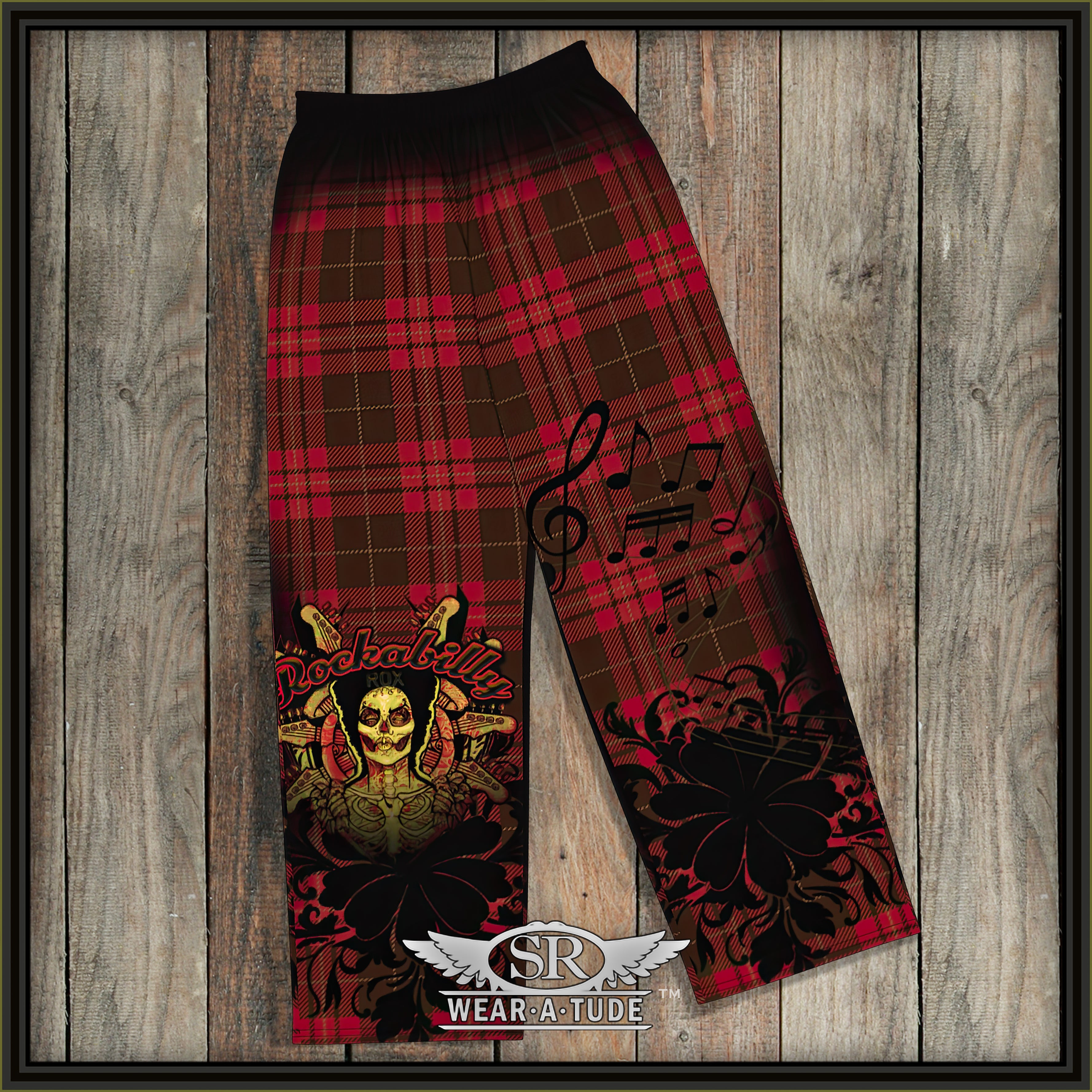 Rockabilly Chill, our wide leg Lounge Pants – a unisex garment that seamlessly merges comfort with the spirit of Rockabilly style. The red and black plaid pattern is a true throwback of comfort and the Rockabilly Joe decal shows off your style.