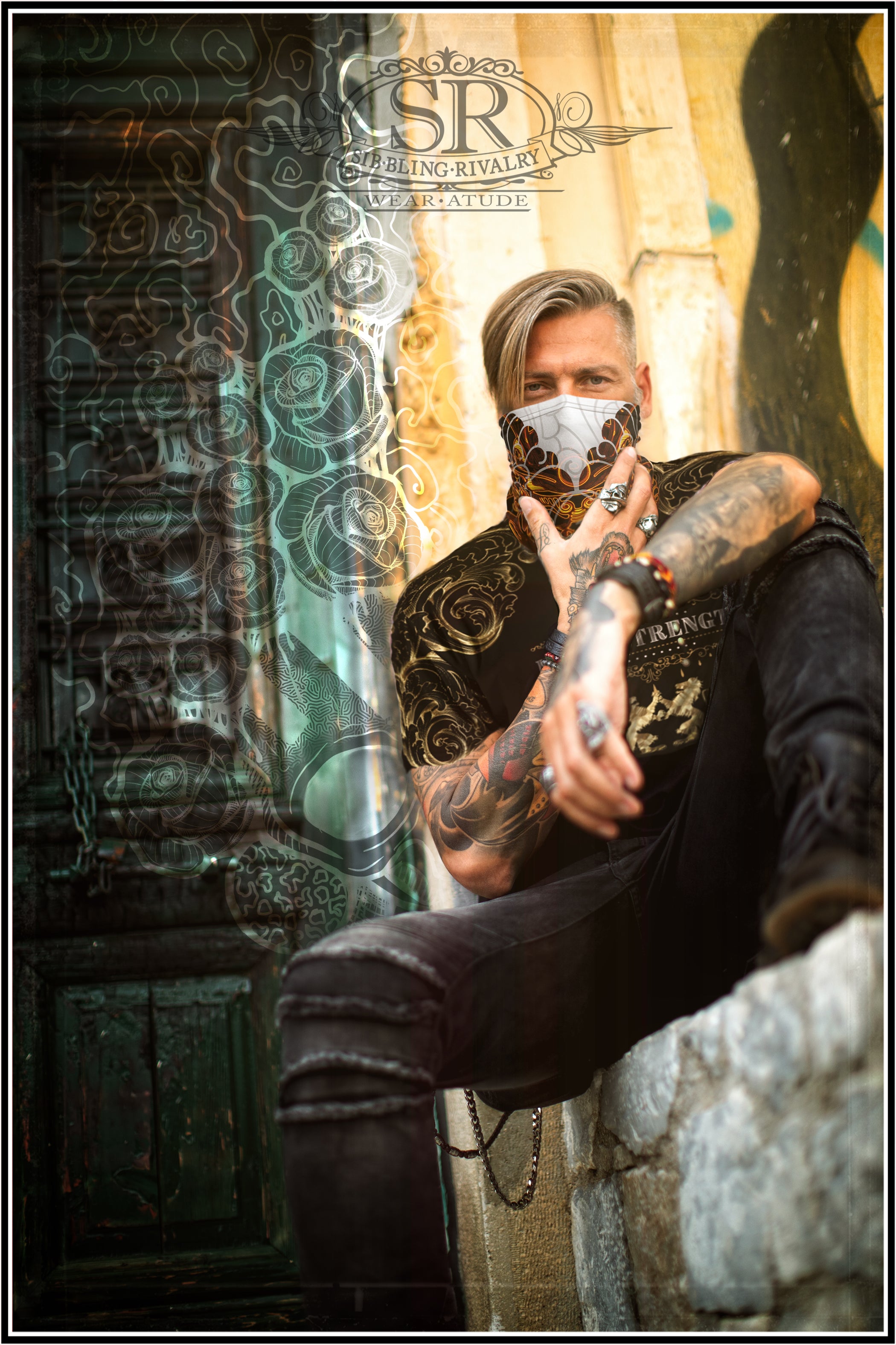 Sexy mature biker-guy wearing Fire Samurai face covering. Confidant man wearing Canadian design by The Joubert Sisters.