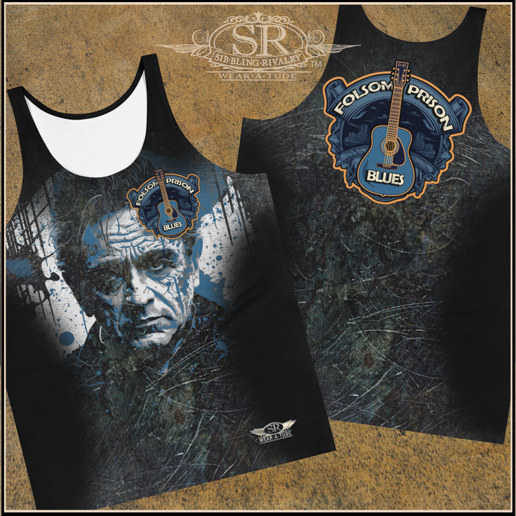 Folsom Prison Blues. Grunge Johnny Cash tank t-shirt design.he legendary Johnny Cash and the iconic Folsom Prison Blues. This has a vintage distressed finish of bronze and blue with a graffiti-inspired portraiture. Perfect for lovers of classic rock and country music. Wear Atude by SibBling Rivalry Design. New design by the Joubert Sisters