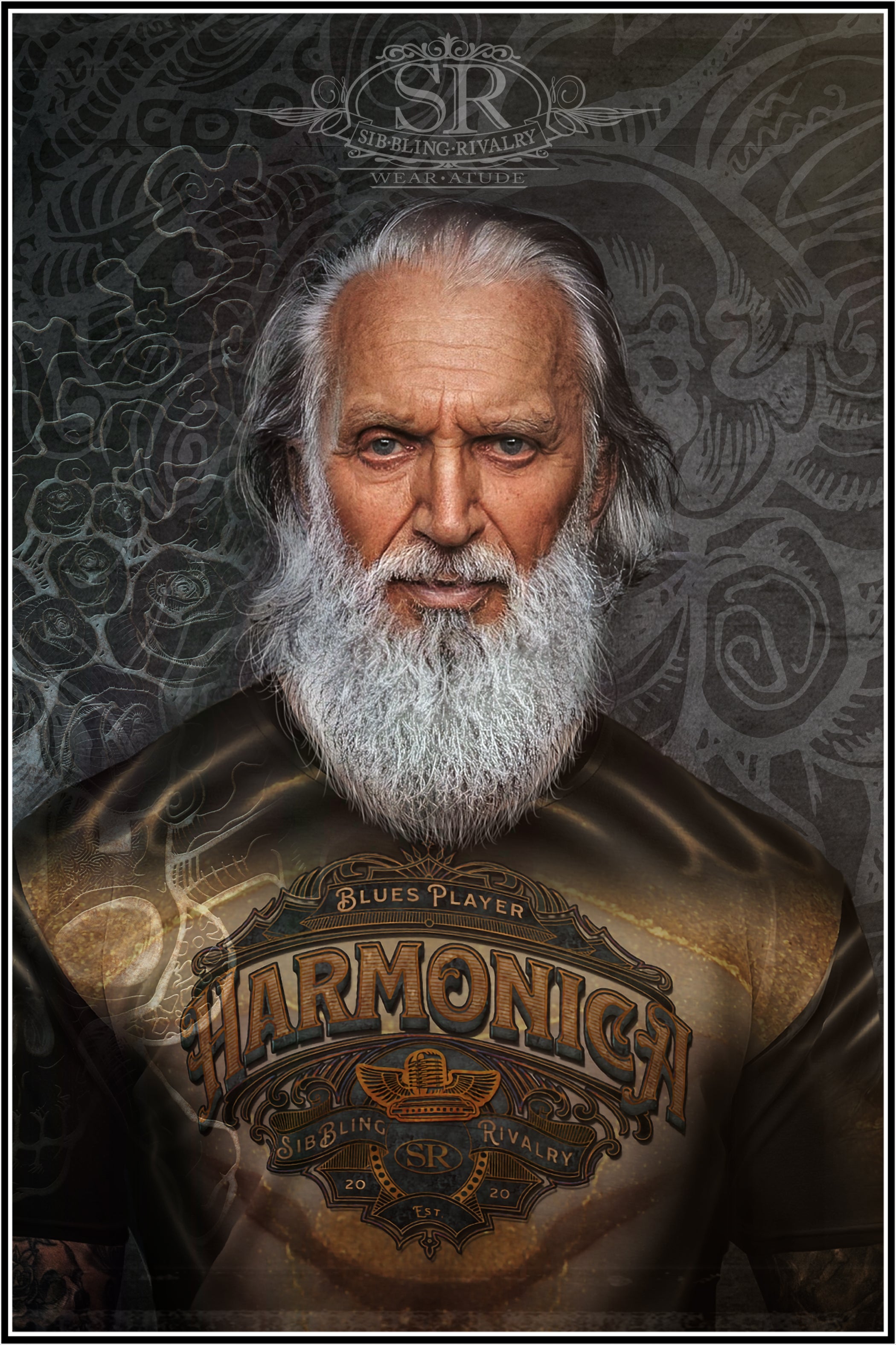 The OLD BLUES PLAYER tee. A classic gritty harmonica label on a relaxed fit shirt for men. Quality music themed rock clothing for unique gifts. Designs by Canadian artist, The Joubert Sisters. Great harmonica gifts