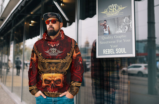 Rich colored unisex pullover hoodie. Bold tattoo style skull on front pocket and a gold death moth on the chest. Gold intricate tattoo sleeve designs make a savage statement