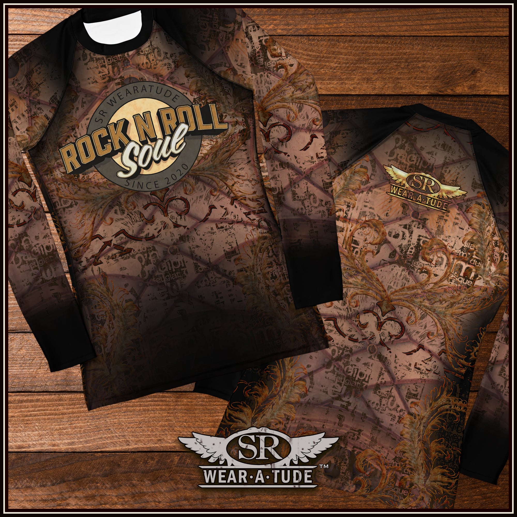 Women’s performance top with grunge pattern and retro rock vibe, SR Wear·A·Tude fashion.