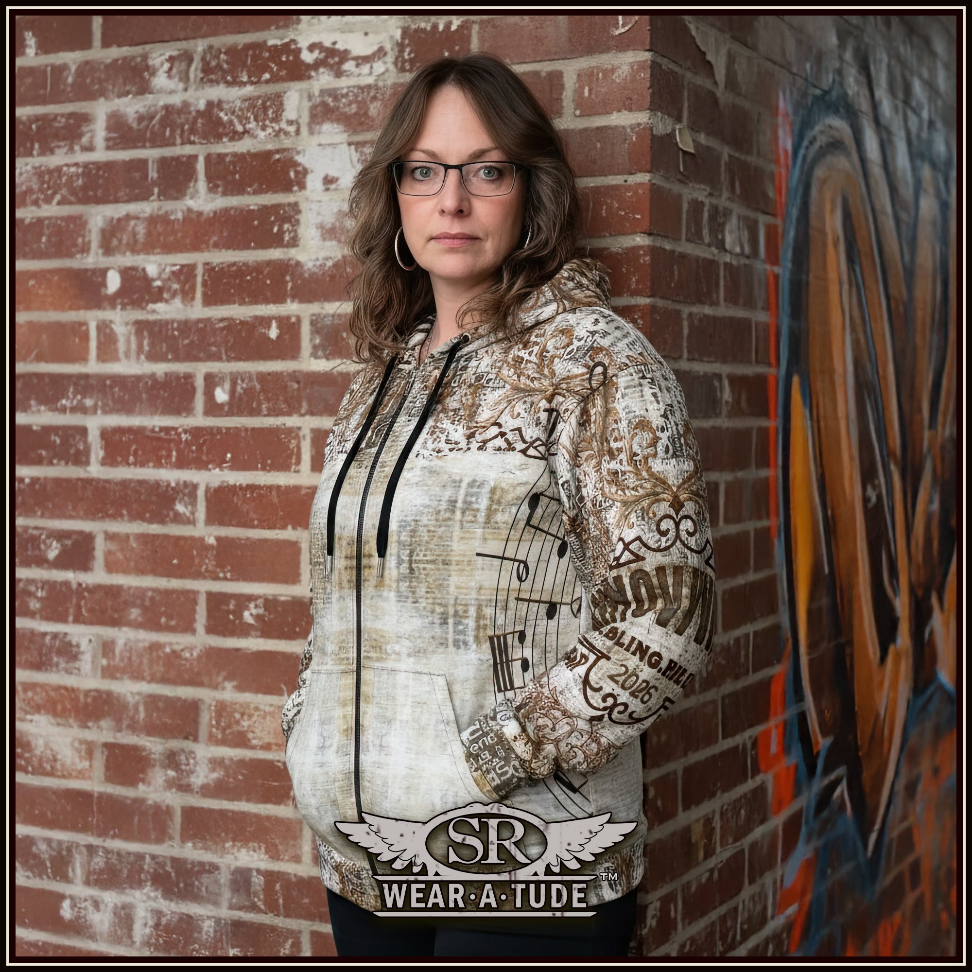 Rock N Roll Aged Print Zip Hoodie