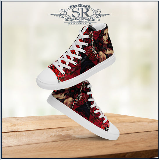Rockabilly Jill, a great illustrated Rockabilly design and blood red roses. Women’s high top canvas shoes - SIB.BLING RIVALRY , SR WearAtude , cool ladies sneakers, 