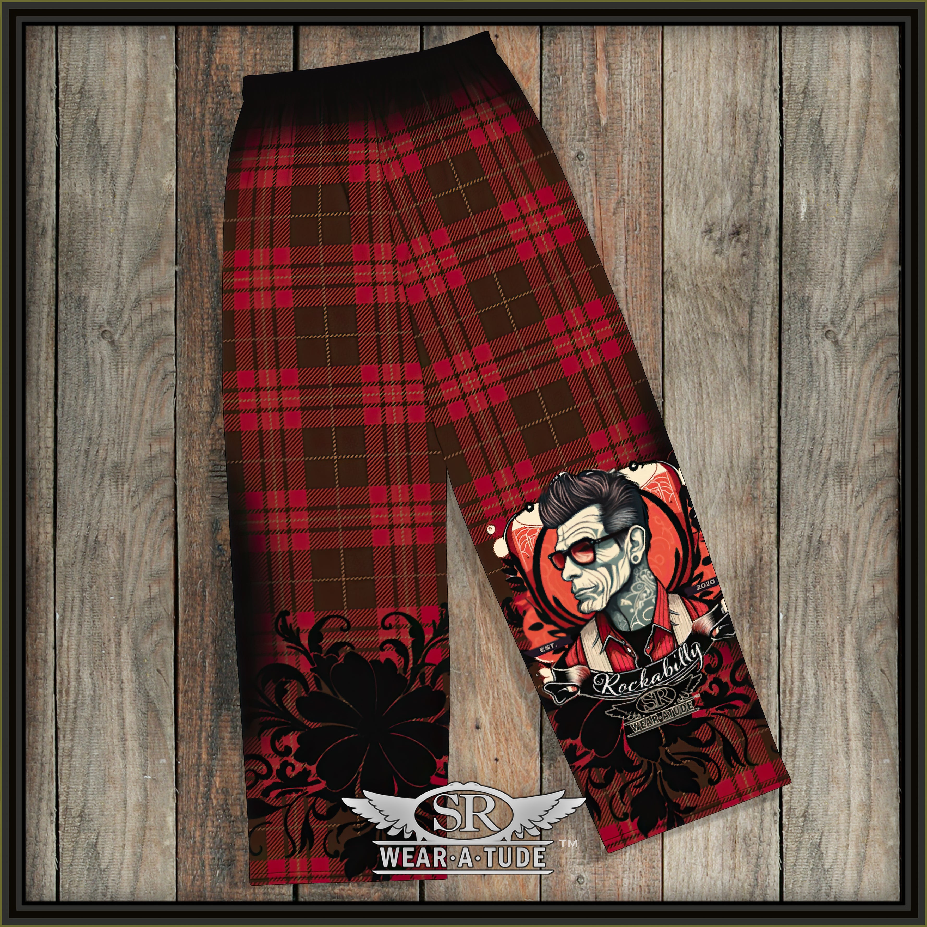 Rockabilly Joe, our wide leg Lounge Pants – a unisex garment that seamlessly merges comfort with the spirit of Rockabilly style. The red and black plaid pattern is a true throwback of comfort and the Rockabilly Joe decal shows off your style.