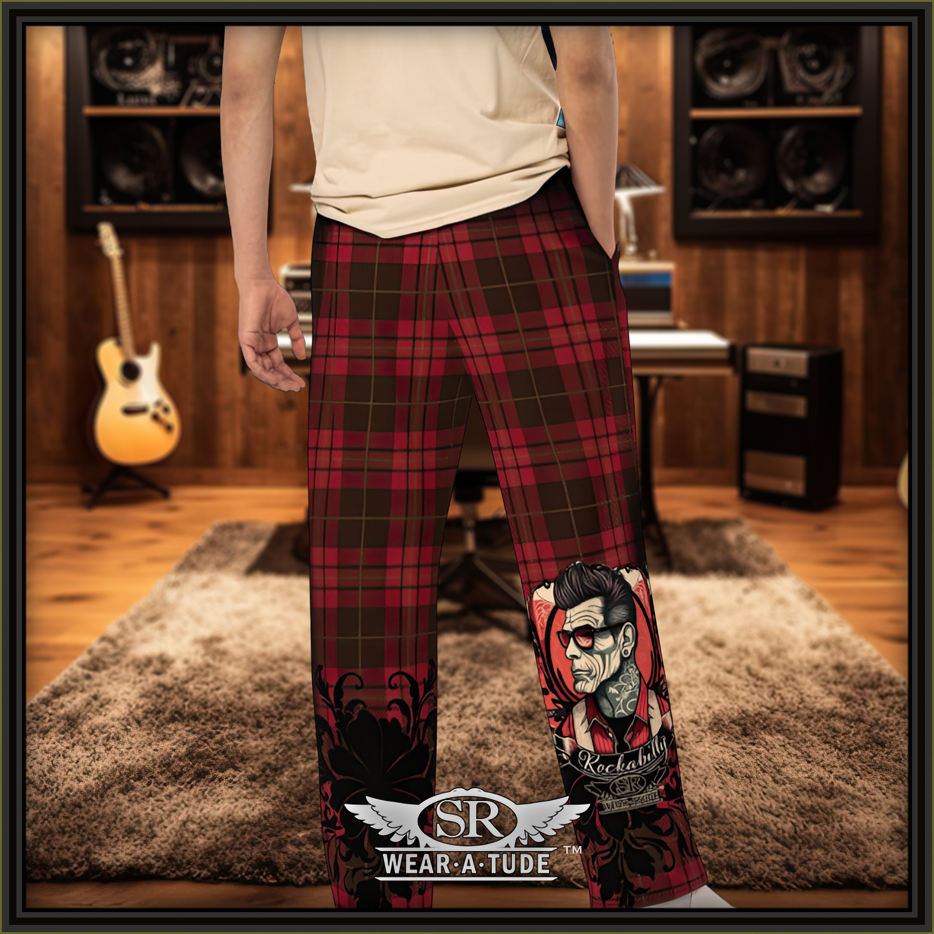Rockabilly Joe, our wide leg Lounge Pants – a unisex garment that seamlessly merges comfort with the spirit of Rockabilly style. The red and black plaid pattern is a true throwback of comfort and the Rockabilly Joe decal shows off your style.