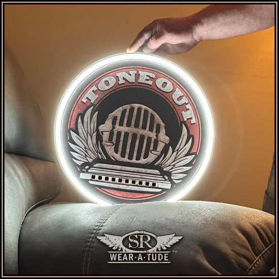 This is one cool harmonica sign, perfect for bars, dens or music rooms. this LED light sign features a JT30, harmonica and wings on red vintage background. Has a biker patch look about it. 