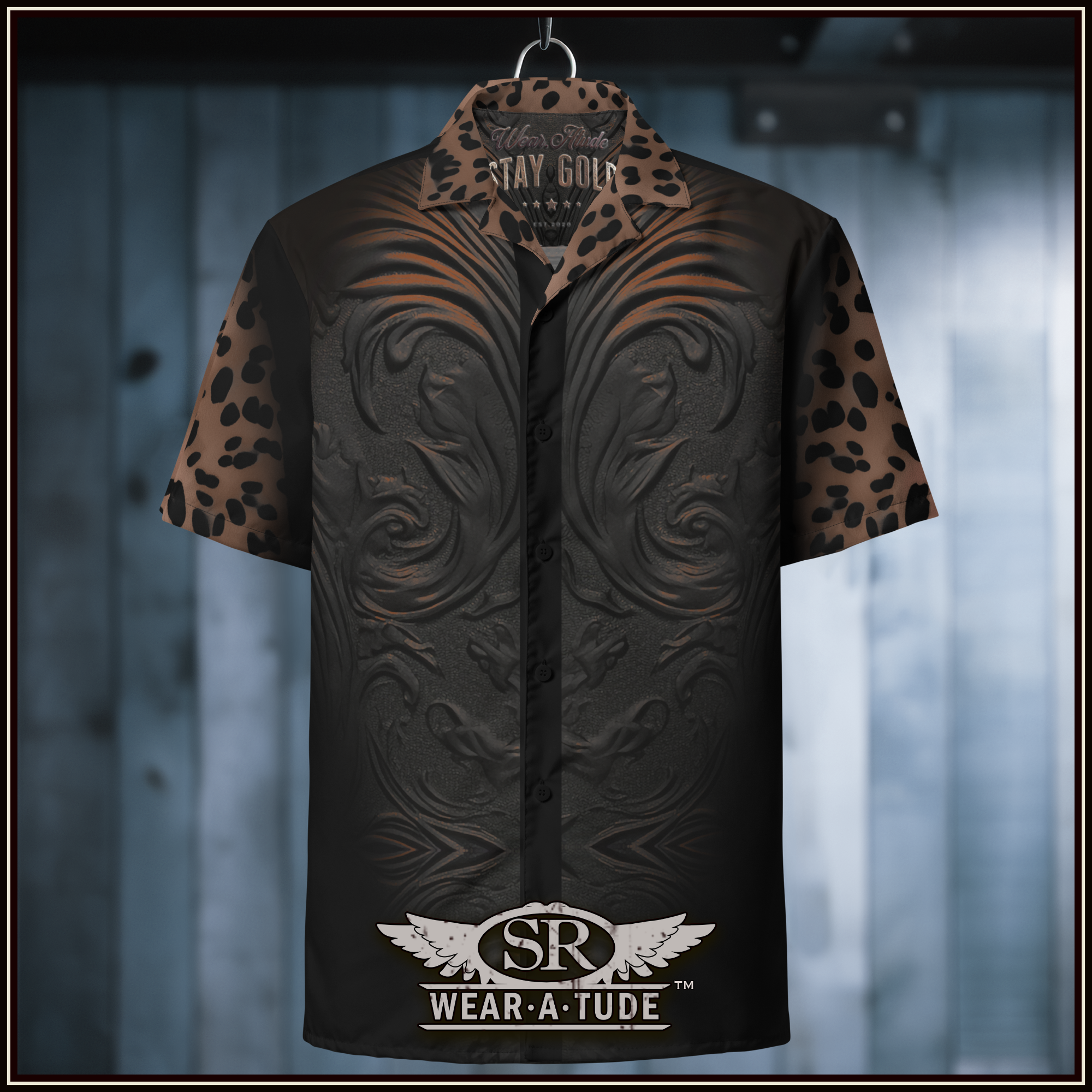 A shirt with an animal print design and black tolex, in the style of gritty elegance, dark bronze and black, swirling vortexes, leather/hide