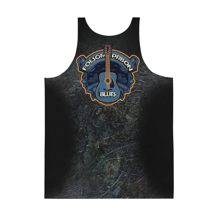 Folsom Prison Blues. Grunge Johnny Cash tank t-shirt design.he legendary Johnny Cash and the iconic Folsom Prison Blues. This has a vintage distressed finish of bronze and blue with a graffiti-inspired portraiture. Perfect for lovers of classic rock and country music.