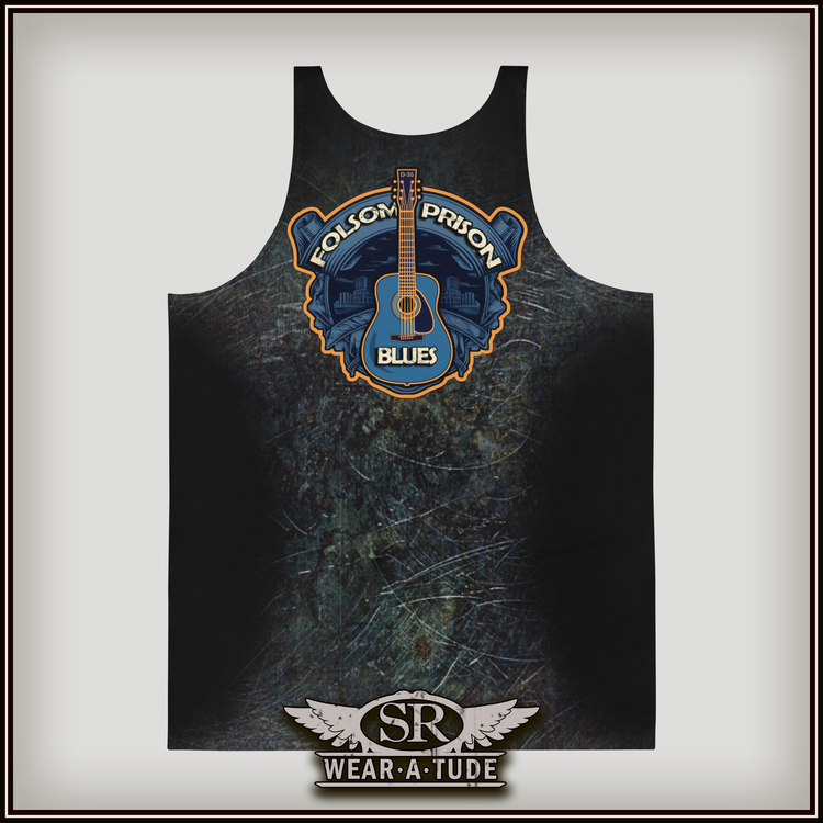 Wear A Tude, Wear Atude by The Joubert Sisters,Folsom Prison Blues. Grunge Johnny Cash tank t-shirt design.he legendary Johnny Cash and the iconic Folsom Prison Blues. This has a vintage distressed finish of bronze and blue with a graffiti-inspired portraiture. Perfect for lovers of classic rock and country music.