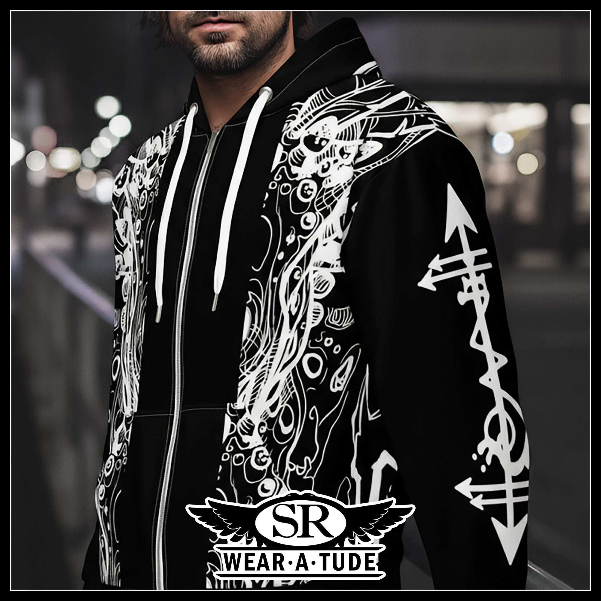 Front left view of Static Reaper metal hoodie by SR WearAtude, black with white skull-circuit design and full zip closure.