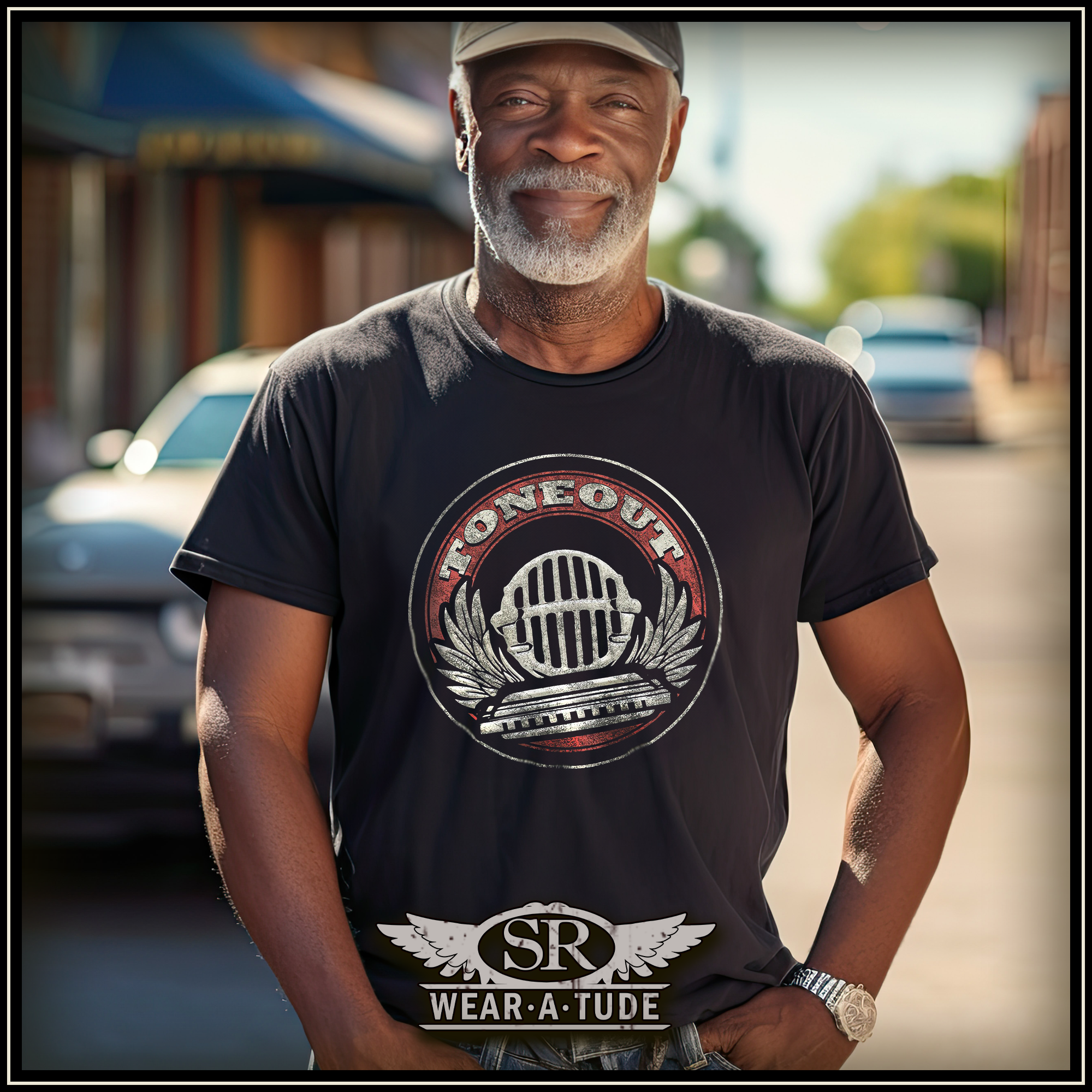 A confident older man stands proudly in the middle of a sunny small-town street, wearing the Tone Out retro-style black t-shirt. The shirt features a bold vintage microphone and laurel design with a distressed red and white color scheme. Below the main design, the SR Wear-A-Tude logo is prominently displayed. He pairs the shirt casually with jeans and a ball cap, giving off a relaxed, street-smart vibe perfect for everyday wear.