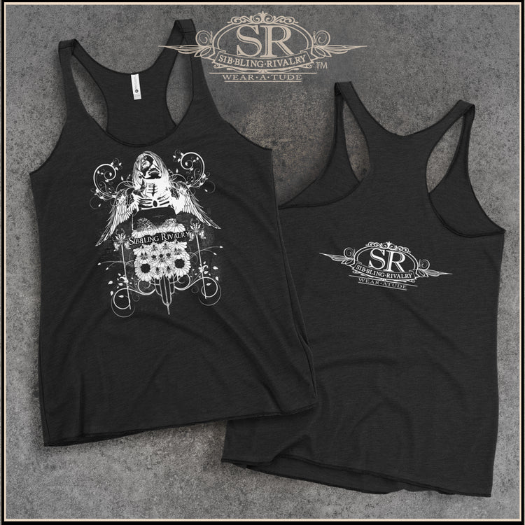 black racerback tank top with white tattoo image of death girl, wings and flowers. stamped with Sib.Bling Rivalry SR logo. Woman&