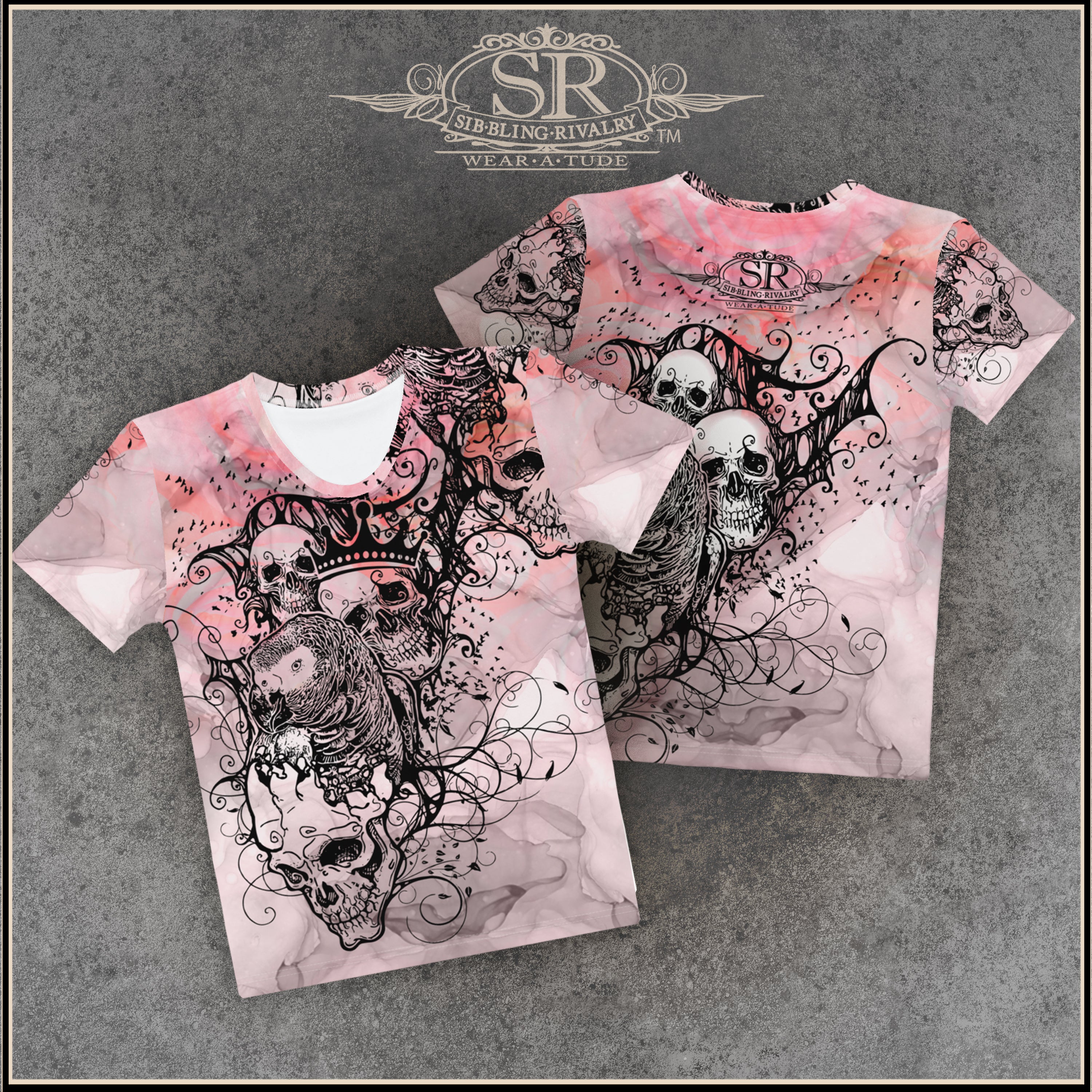 Pretty in pink! SR product depicting crowned skulls and an African Grey Parrot birds.