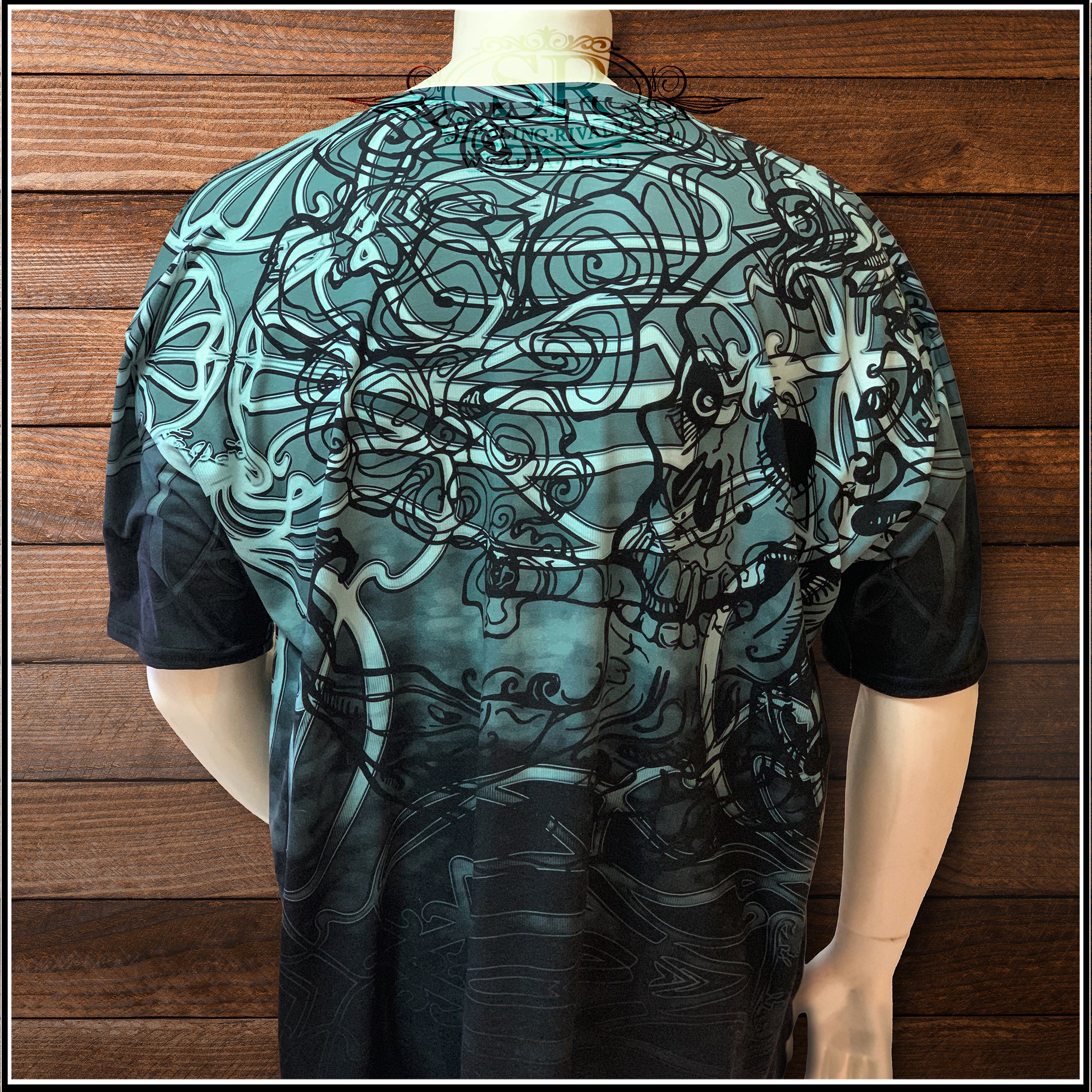 Skull smoking a blunt in line art on back of T-shirt