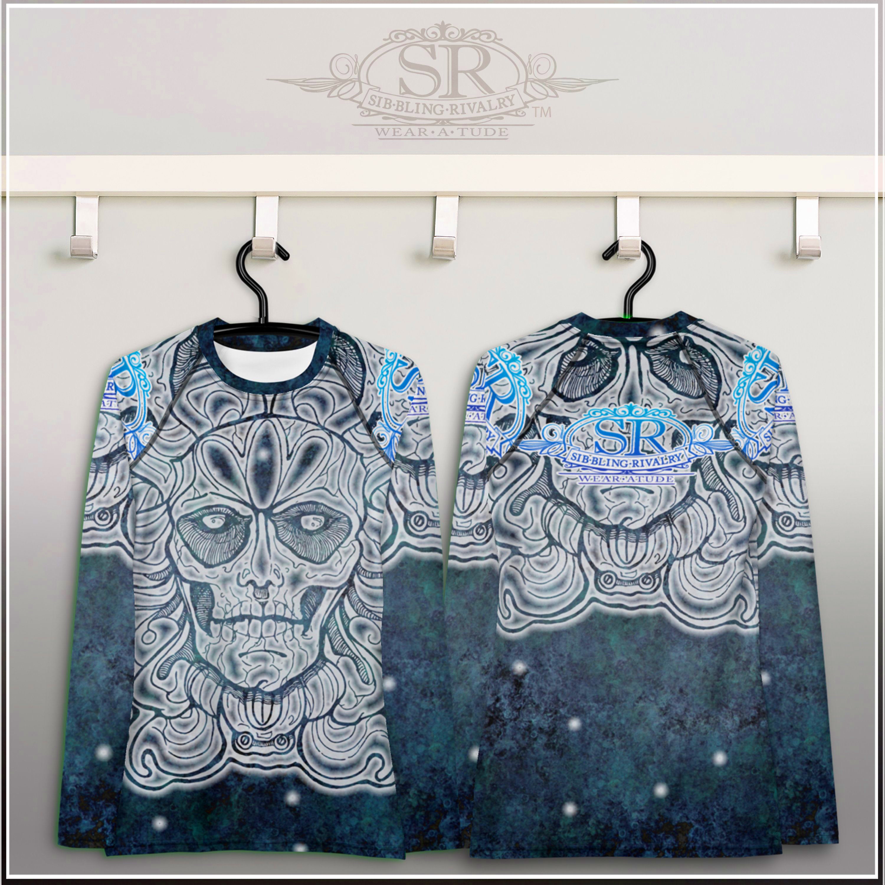 SUGAR & SNOW Wear A Tude clothing by SibBling Rivalry Design. Our striking Sugar Skull design on a form fitting sports shirt.