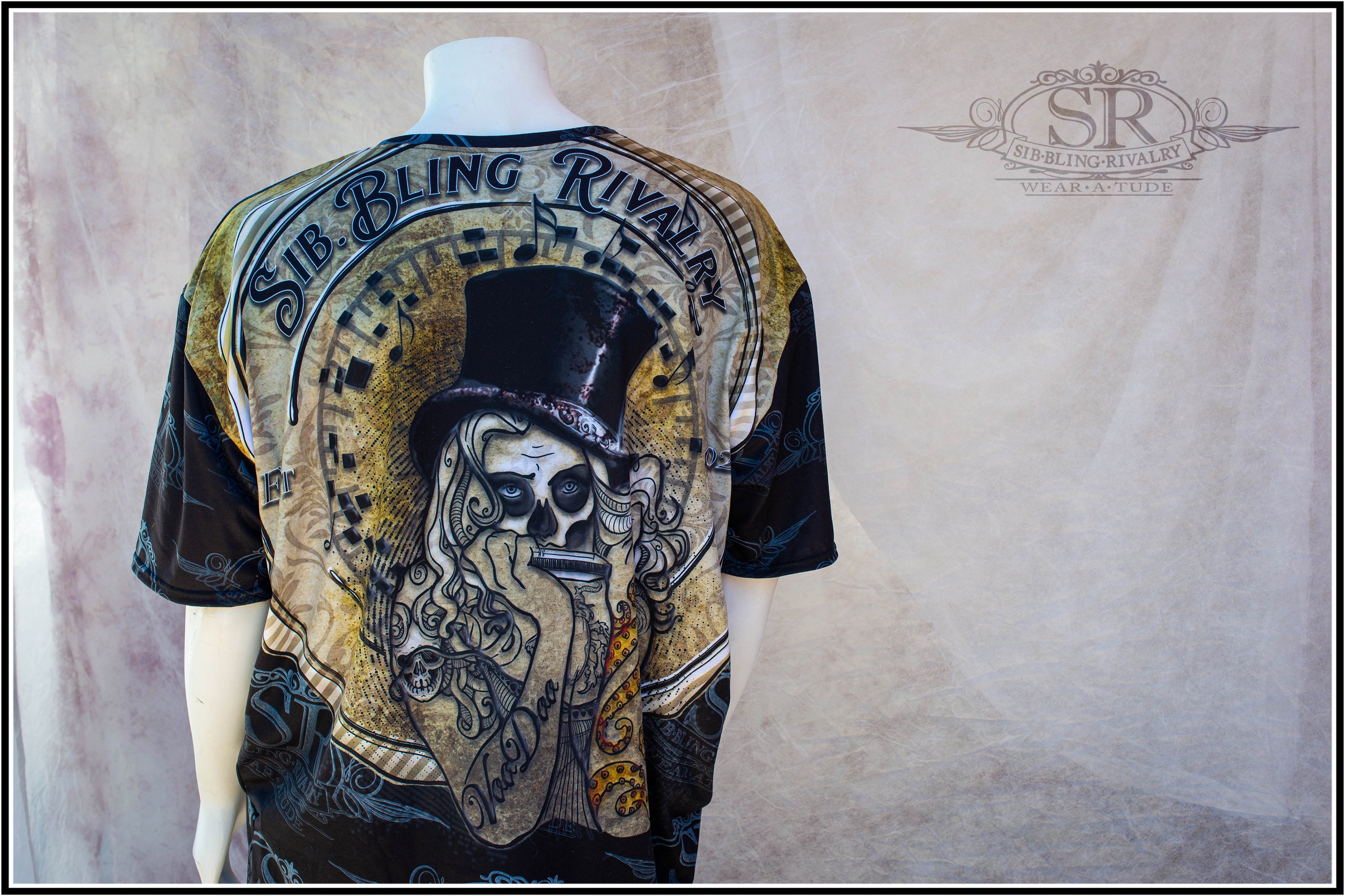 Canadian Based art by the Joubert Sisters.Voodoo Girl, the harmonica player in the style of Baron Samedi , New Orleans Blues. Blues t-shirt design by SR Wear Atude, SibBling Rivalry Design. The Joubert Sisters.