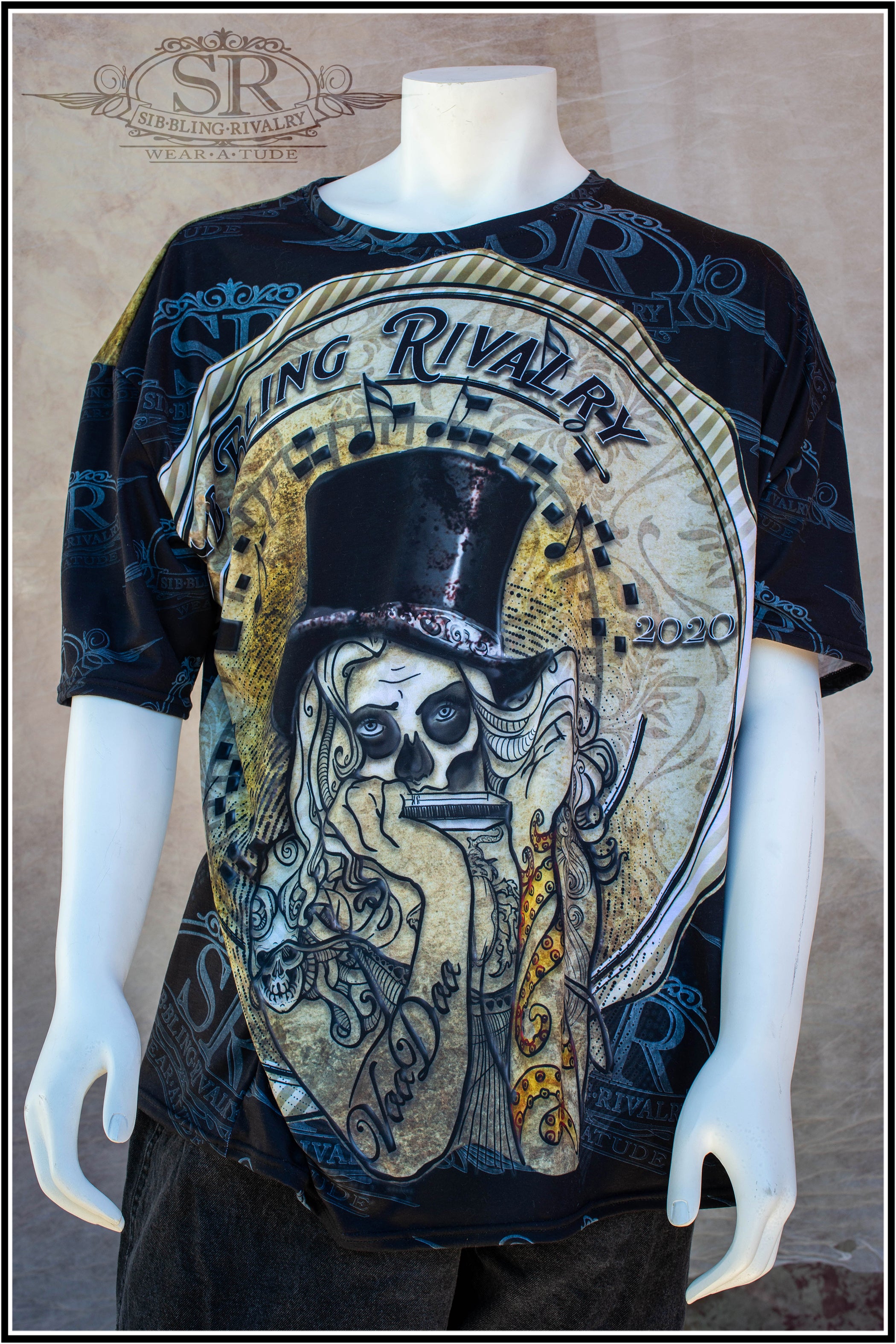 Voodoo Girl, the harmonica player in the style of Baron Samedi , New Orleans Blues. Blues t-shirt design by SR Wear Atude, SibBling Rivalry Design. The Joubert Sisters.
