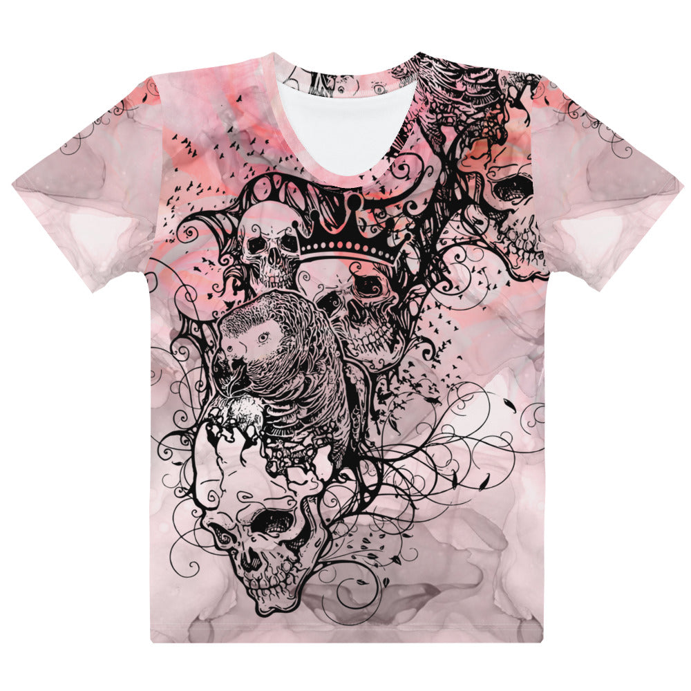 Bad ass woman T-shirt in Pink Smokey swirls. Hand drawn sketches of skulls and parrots by SIB.BLING Rivalry. WEAR A TUDE girls!