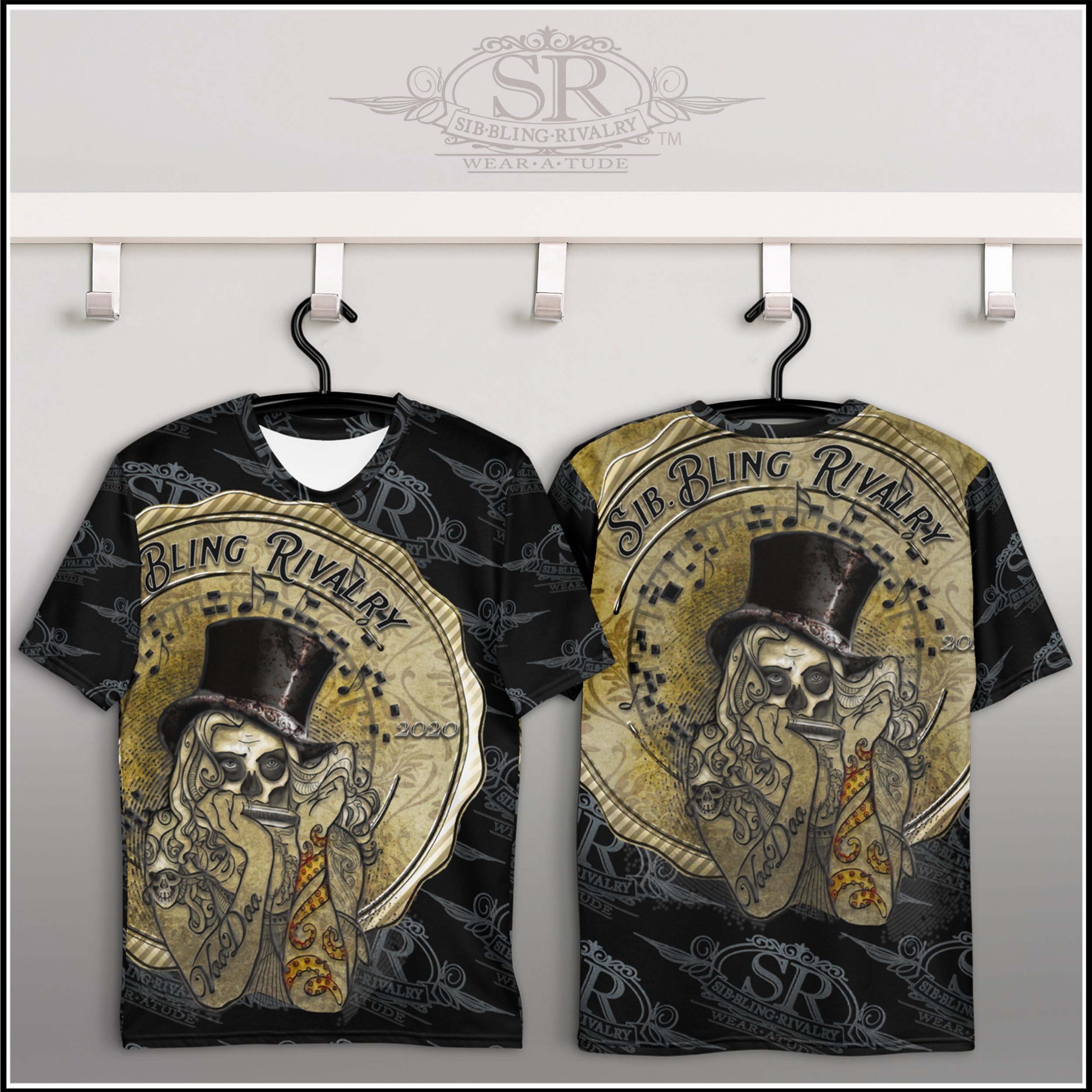 Voodoo Girl, the harmonica player in the style of Baron Samedi , New Orleans Blues. Blues t-shirt design by SR Wear Atude, SibBling Rivalry Design. The Joubert Sisters.