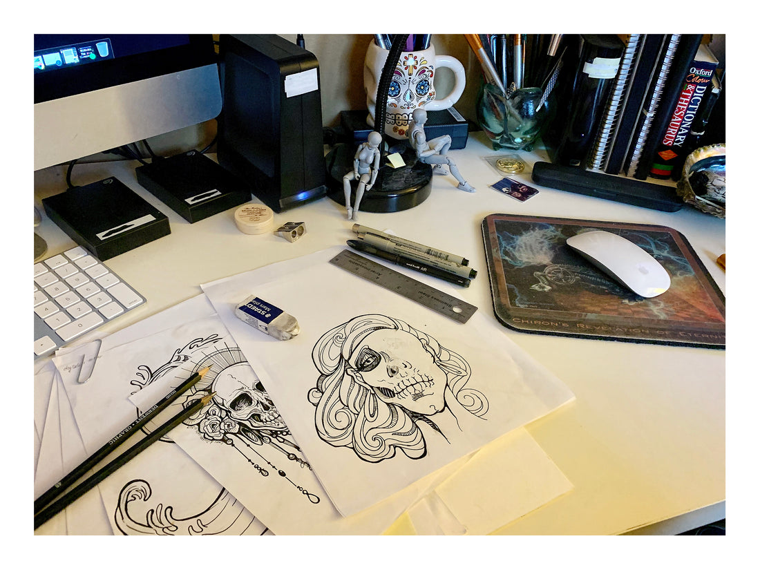Clipart and sketches on a desk