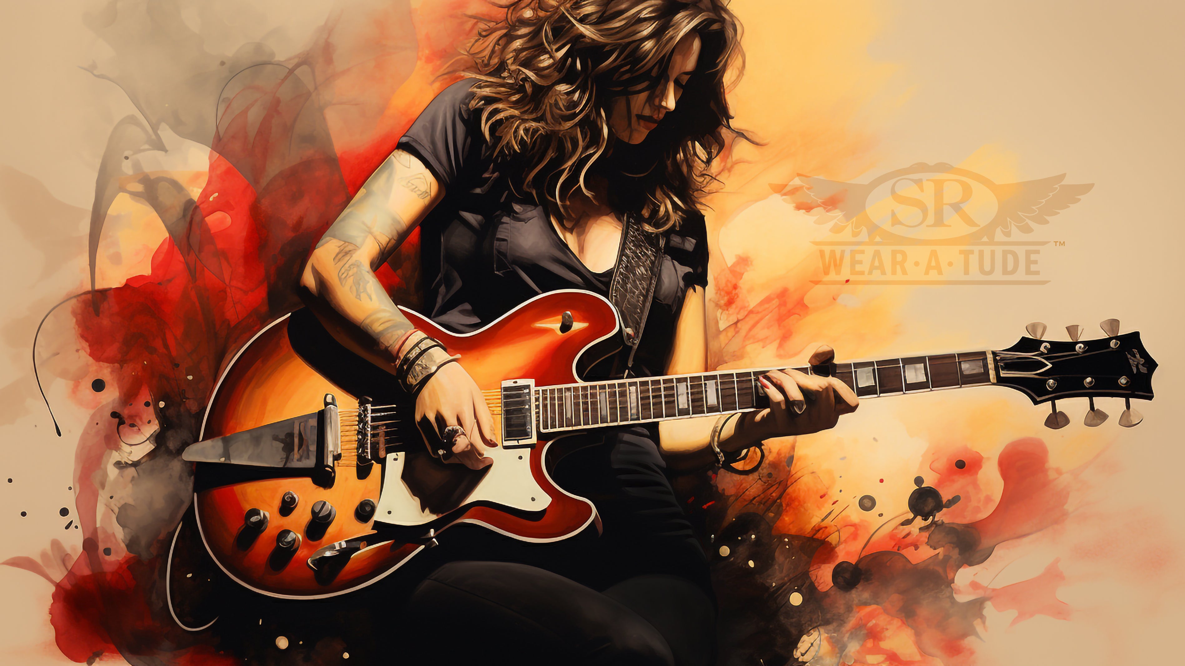Painting-style image of a blues musician playing an electric guitar, surrounded by warm glowing colors and smoky textures.