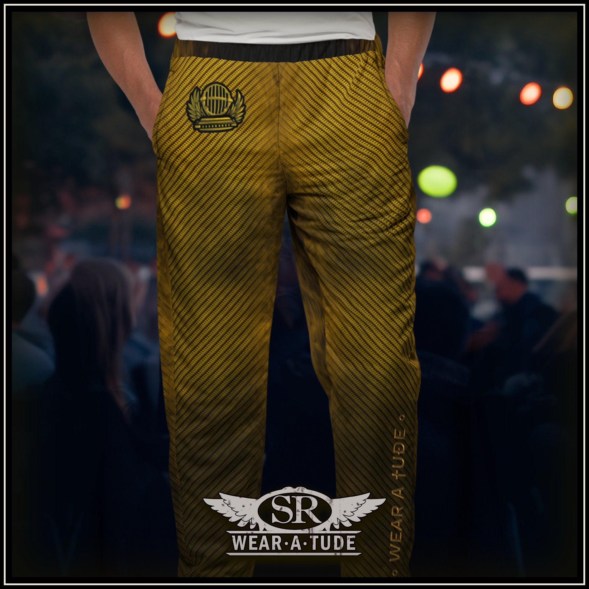 Ampy tweed-textured pants with SR WearAtude blues logo patch on the back, modeled outdoors at night.