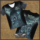 Womens skull and roses with headphones, t-shirt on a blue grunge texture print. A Rock N Roll style clothing with a decorative flair 