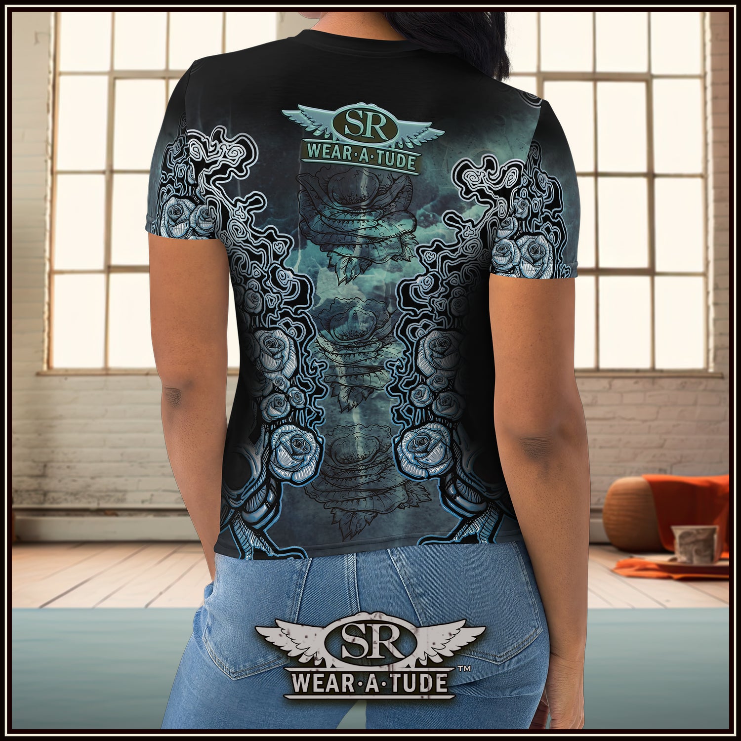 Womens skull and roses with headphones, t-shirt on a blue grunge texture print. A Rock N Roll style clothing with a decorative flair 