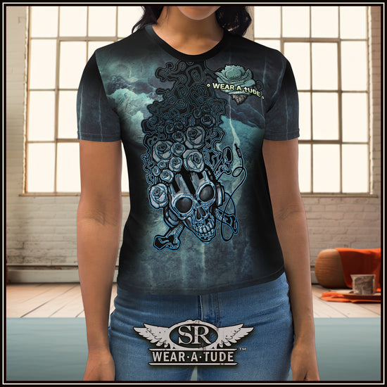 Womens skull and roses with headphones, t-shirt on a blue grunge texture print. A Rock N Roll style clothing with a decorative flair 