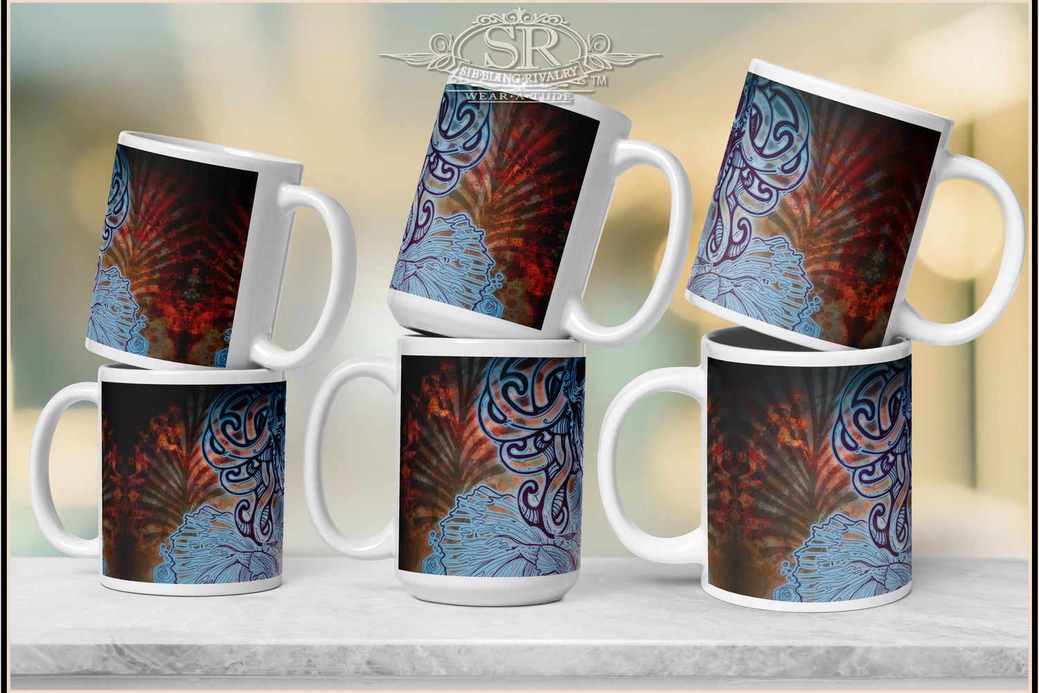 Cool serpent skull coffee mug. Unique bold tattoo skull design. Rich blues and a red rust background pattern. SR Wear Atude, Sibbling Rivalry Design, Rock N Roll 