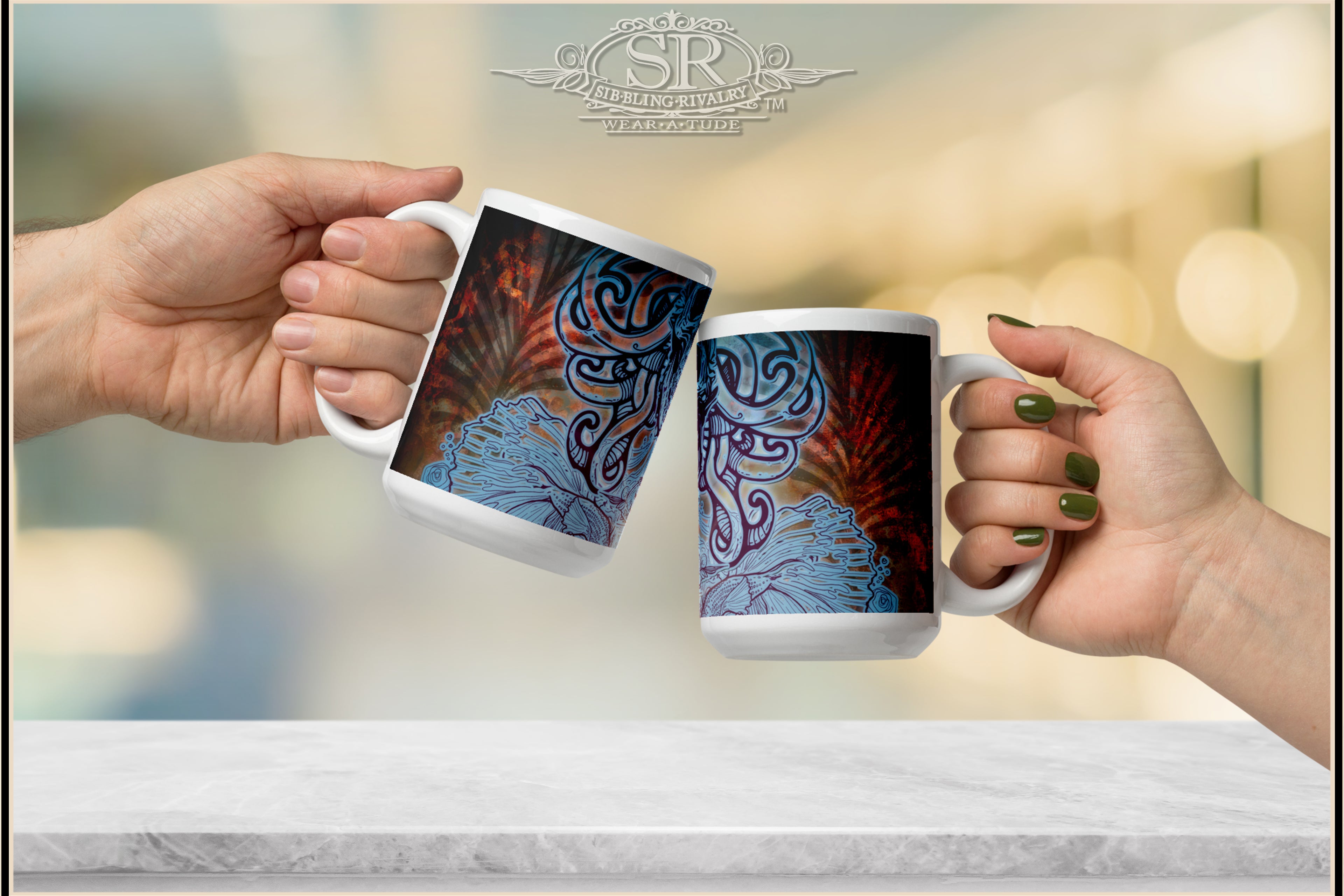Cool serpent skull coffee mug. Unique bold tattoo skull design. Rich blues and a red rust background pattern. SR Wear Atude, Sibbling Rivalry Design, Rock N Roll 