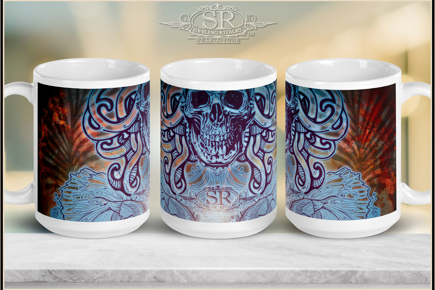 Cool serpent skull coffee mug. Unique bold tattoo skull design. Rich blues and a red rust background pattern. SR Wear Atude, Sibbling Rivalry Design, Rock N Roll 