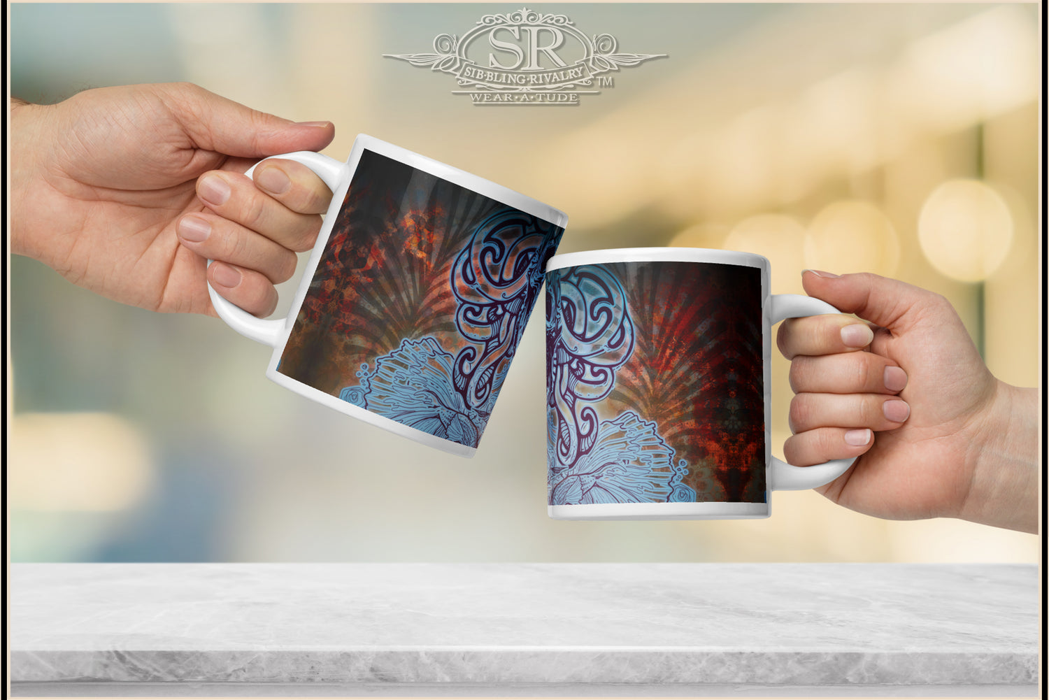 Cool serpent skull coffee mug. Unique bold tattoo skull design. Rich blues and a red rust background pattern. SR Wear Atude, Sibbling Rivalry Design, Rock N Roll 