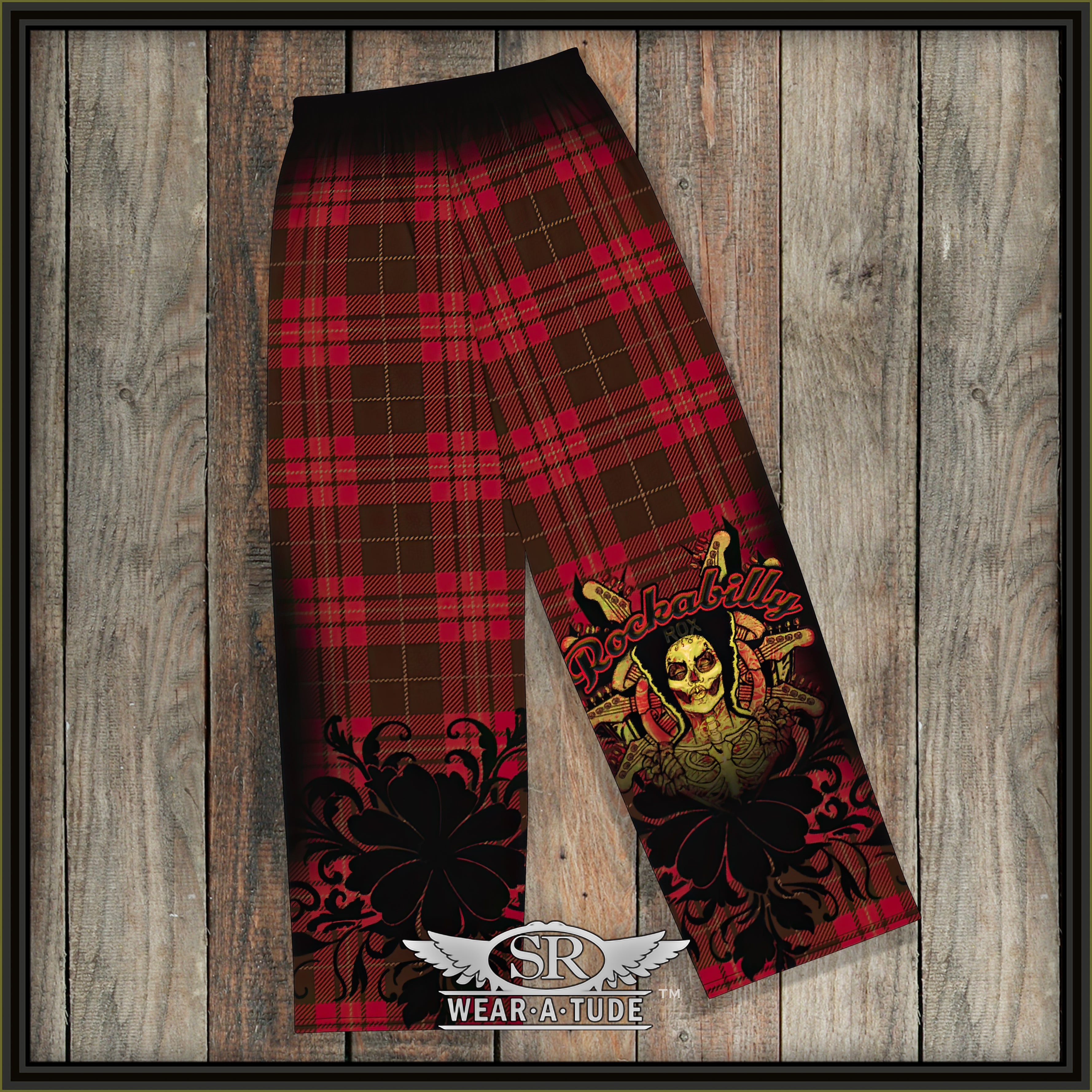 Rockabilly Chill, our wide leg Lounge Pants – a unisex garment that seamlessly merges comfort with the spirit of Rockabilly style. The red and black plaid pattern is a true throwback of comfort and the Rockabilly Joe decal shows off your style. 