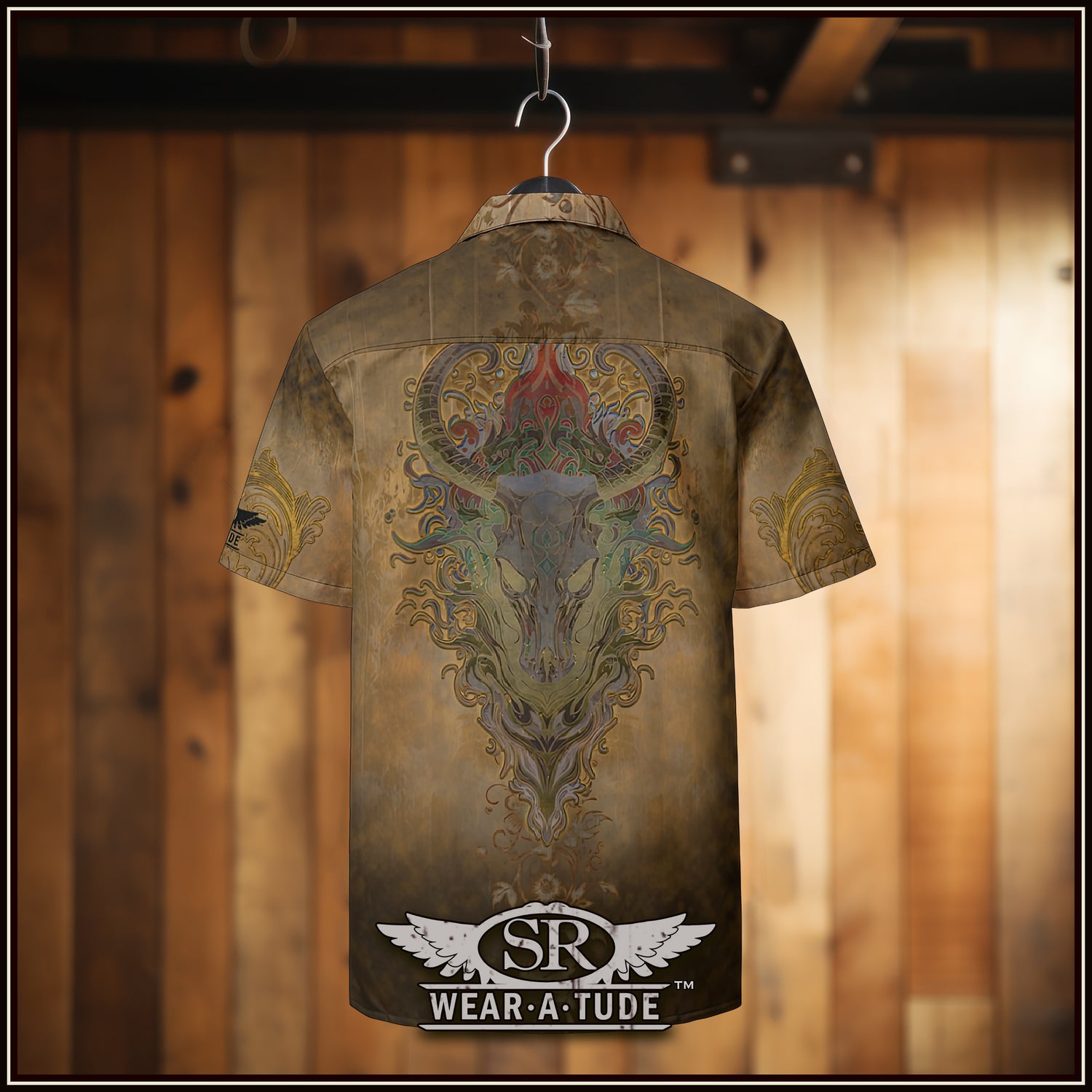 Dark Country button up dress shirt by SR WearAtude, SibBling Rivalry Design.  This gritty Country Rock dress shirt will look fantastic on you when you are rocking out on stage or at a great gathering. This cool shirt has a aged old tapestry look with a steer skull design. 