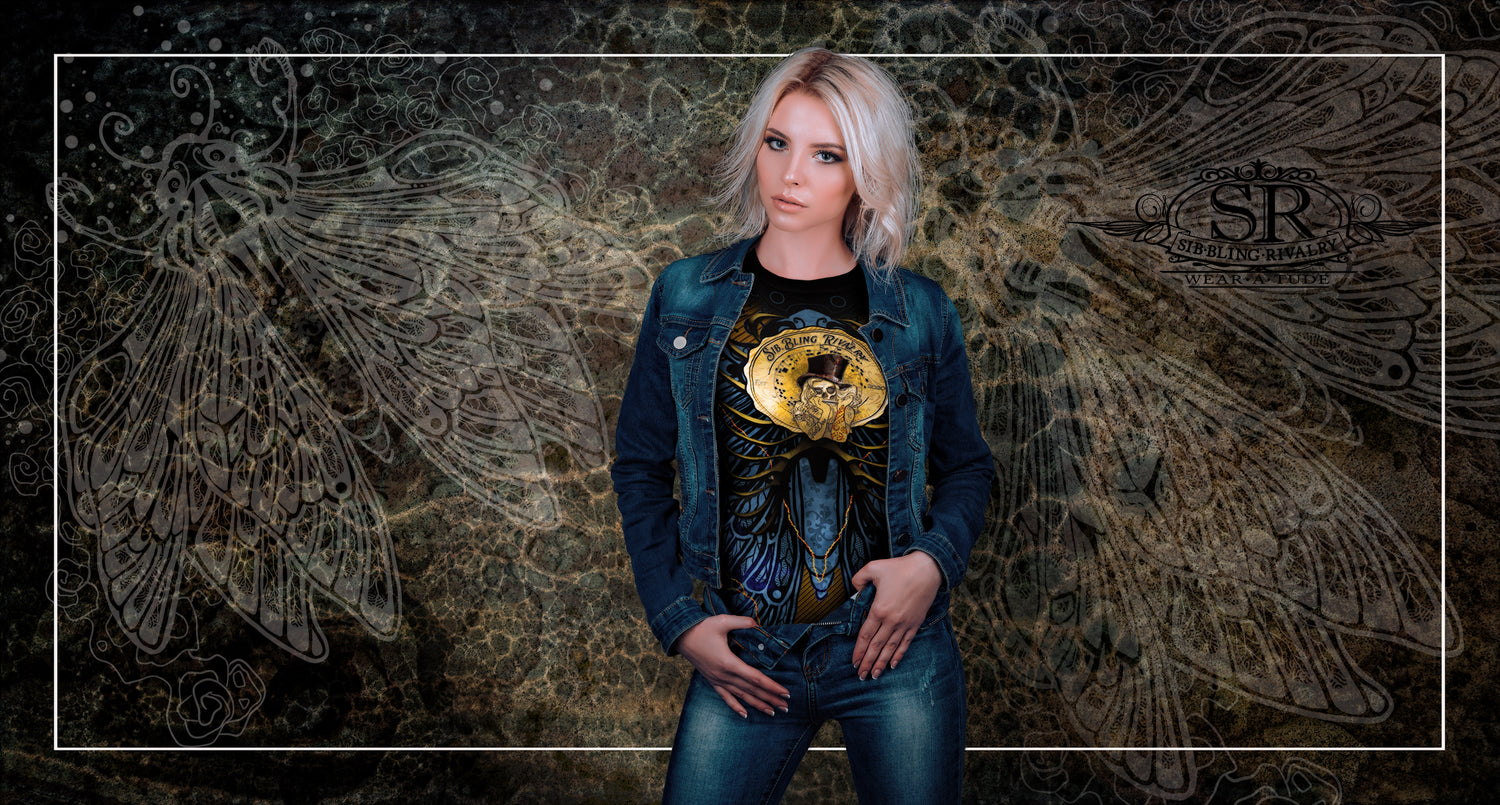 Beautiful young blond rocker girl wears our Midnight Voodoo rashguard. Bold rock and roll clothing for night clubbing , Voodoo design shirt, Rock inspired, long sleeve shirt for women, Gifts for the rocker girl, Rockstar clothing,