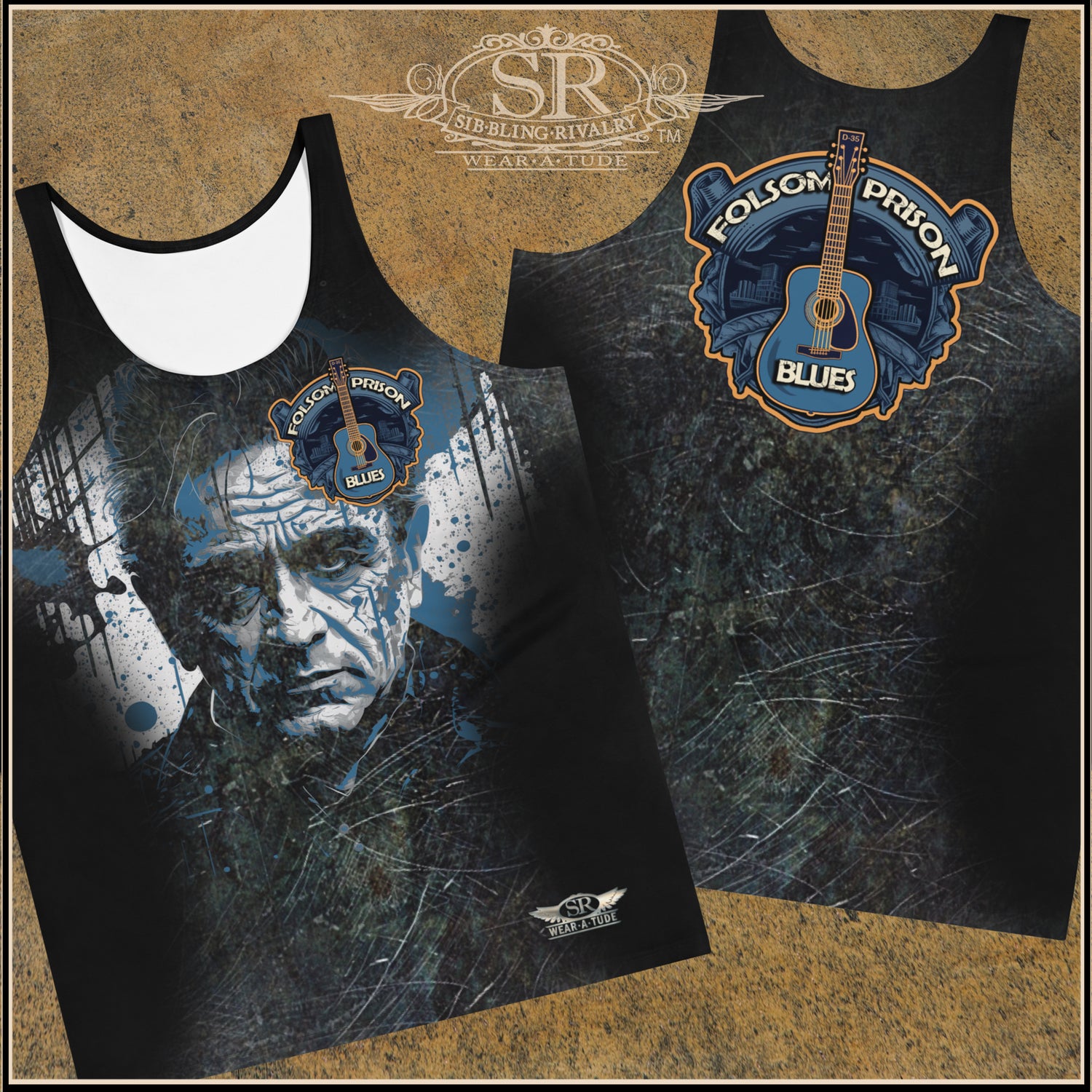 Folsom Prison Blues. Grunge Johnny Cash tank t-shirt design.he legendary Johnny Cash and the iconic Folsom Prison Blues. This has a vintage distressed finish of bronze and blue with a graffiti-inspired portraiture. Perfect for lovers of classic rock and country music. Wear Atude by SibBling Rivalry Design. New design by the Joubert Sisters