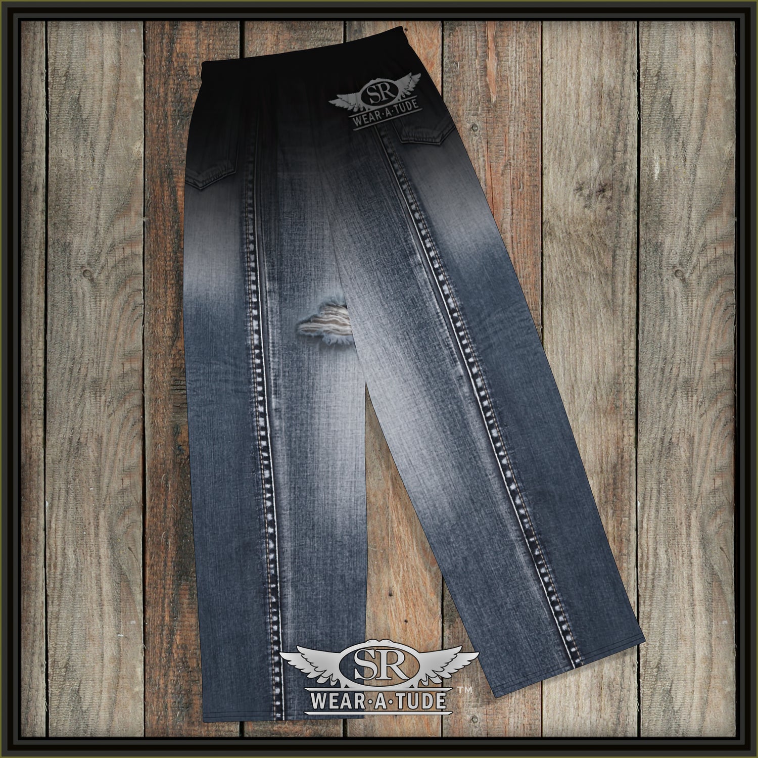 Faux ripped jean look on your comfy clothes. Get the comfort of lounge-wear in this stylish pair of wide-leg pants. With the adjustable waist and stretchy fabric, they are casual enough just to hang out at home, but dressed up with the right shirt and jacket these can be for going out and jamming at your buddies place. 
