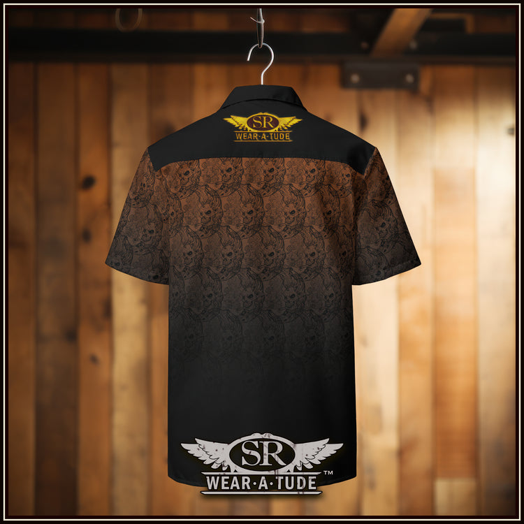 Our Harp On brand looks slick on this killer button up short sleeve shirt. The signature style graphics is evident with the Smoking Moon-skull pattern on a rich deep sienna brown, trimmed with a charcoal trim.. SR Wear Atude. Clothing for the stage