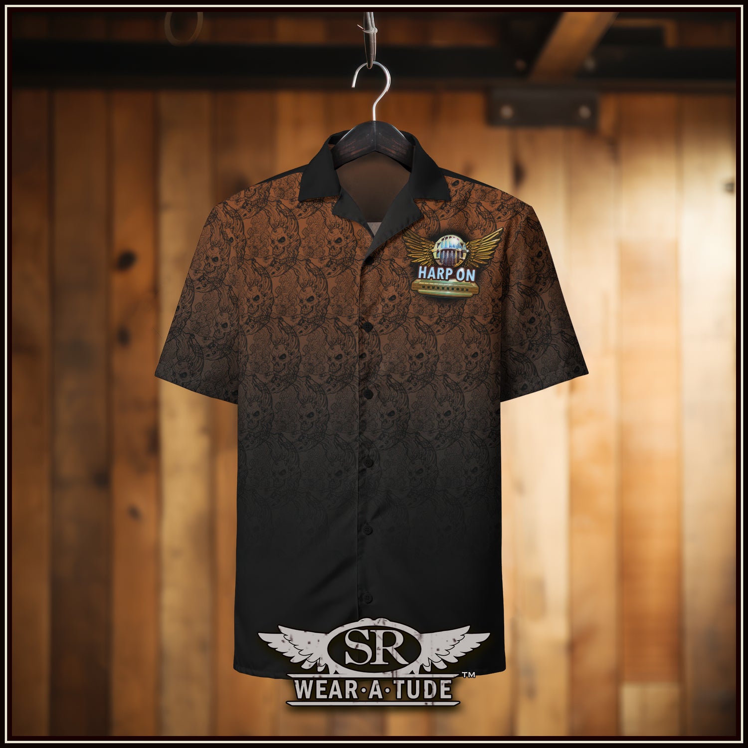 Our Harp On brand looks slick on this killer button up short sleeve shirt. The signature style graphics is evident with the Smoking Moon-skull pattern on a rich deep sienna brown, trimmed with a charcoal trim. 