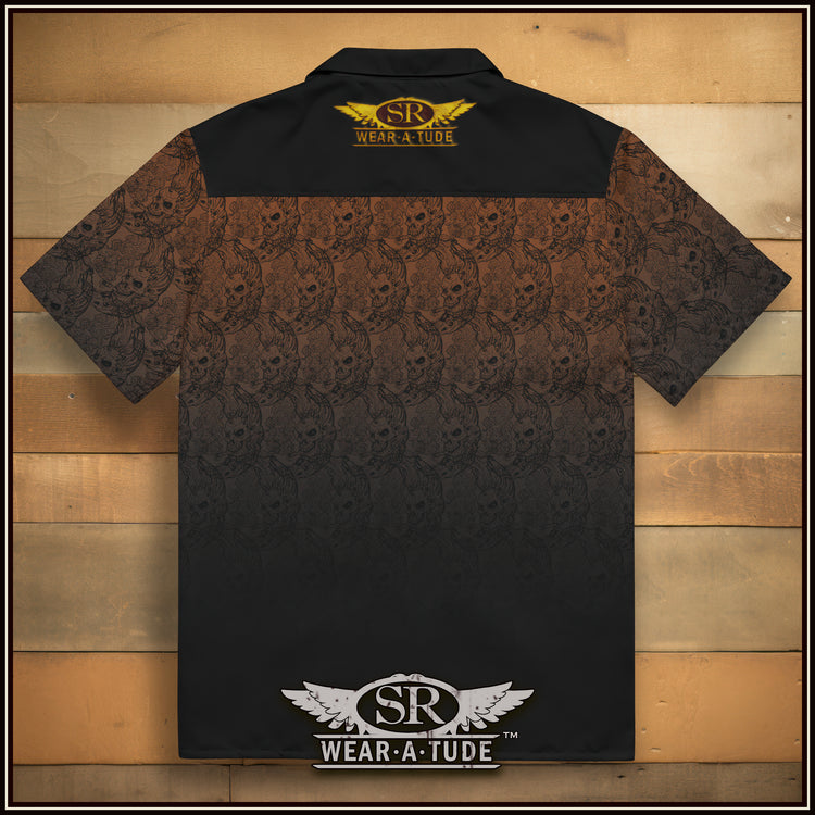 Our Harp On brand looks slick on this killer button up short sleeve shirt. The signature style graphics is evident with the Smoking Moon-skull pattern on a rich deep sienna brown, trimmed with a charcoal trim. Cool button up shirt design