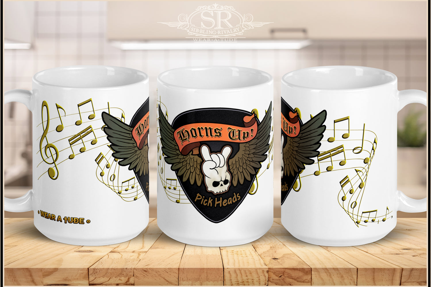 Our cute little Horns Up skull and pick is now available in 3 sizes on our quality coffee mugs. Whether you&