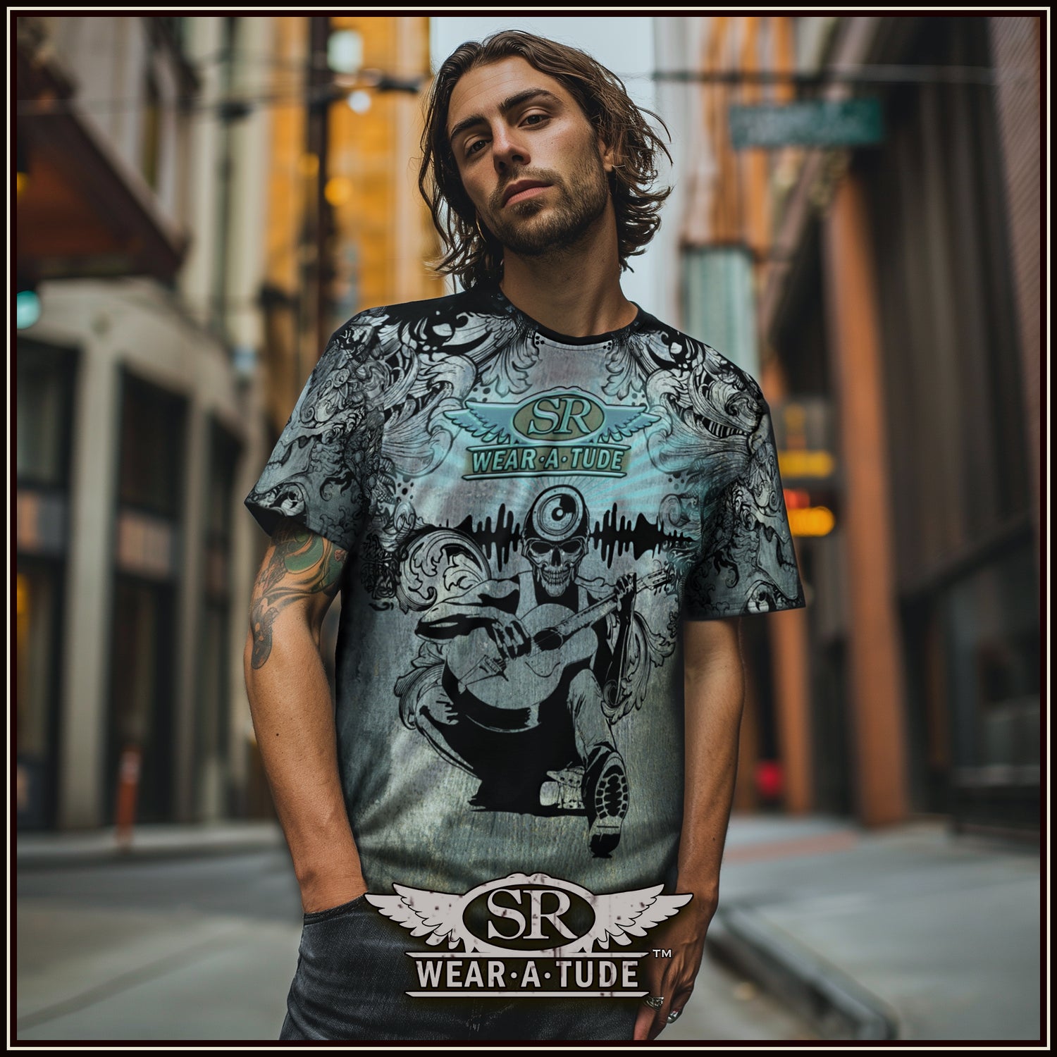 Mind Your Music grung pattern t-shirt by SR Wear Atude, SibBling Rivalry Design by the Joubert Sisters. #SRWearatude #SibBlingRivalry #Rockwear #Canadian #CoolShirt