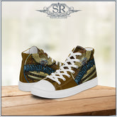 Mississippi Saxophone high top mens sneakers created by SR Wearatude, SibBling Rivalry Design. Great for harmonica players, Blue tunes for your feet, Unique edgy print for your stage clothing.
