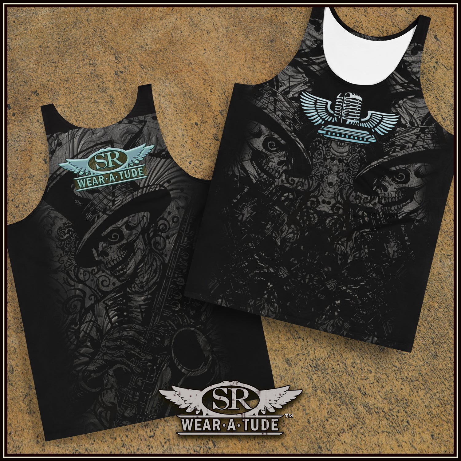 Smokin tank-tee design of Saxophone skeleton. Killer hot muscle shirt of SR Wear Atude flying mic & harmonic. Edgy workout tank. Sick graphic designs by SibBling Rivalry Design & The Joubert Sisters