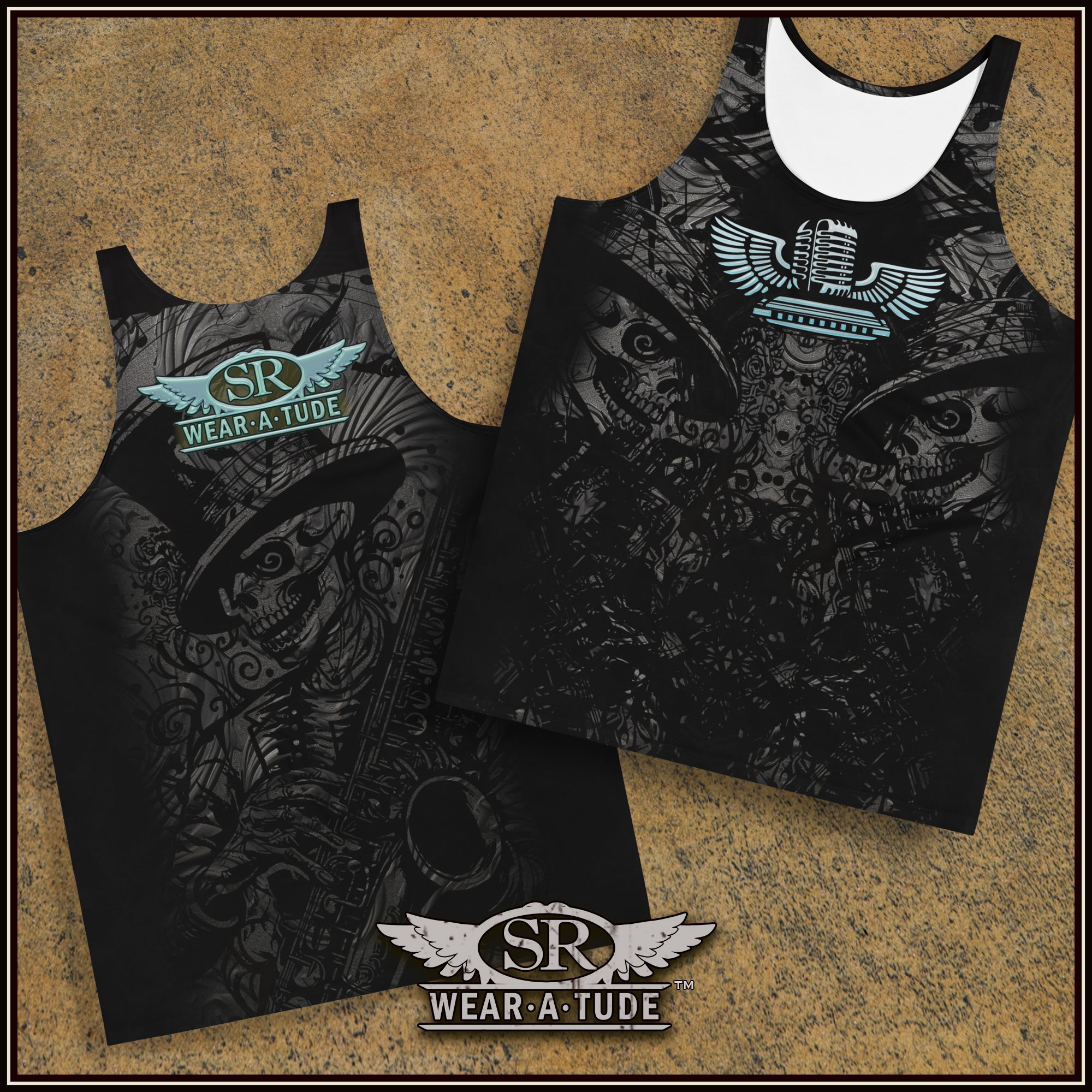 Smokin tank-tee design of Saxophone skeleton. Killer hot muscle shirt of SR Wear Atude flying mic &amp; harmonic. Edgy workout tank. Sick graphic designs by SibBling Rivalry Design &amp; The Joubert Sisters