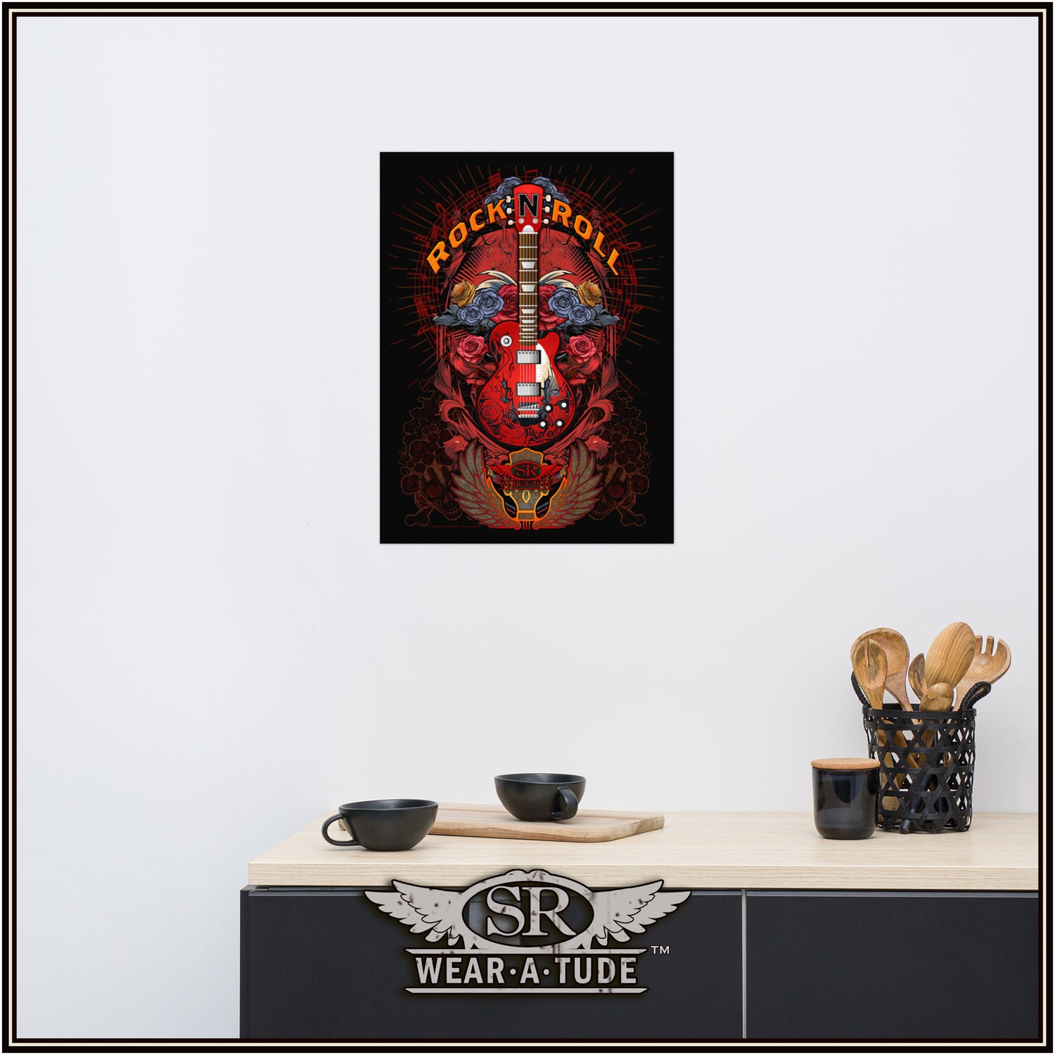 Looking for that slick classic rock and roll art for your music room? This high-resolution image of roses and a guitar on a black isolated background trimmed with our signature intricate style of skull and bone filigree will look epic on any wall. Our museum-quality posters are made on thick matte paper. Add a wonderful accent to your room and office with these quality posters from SR Wear Atude.